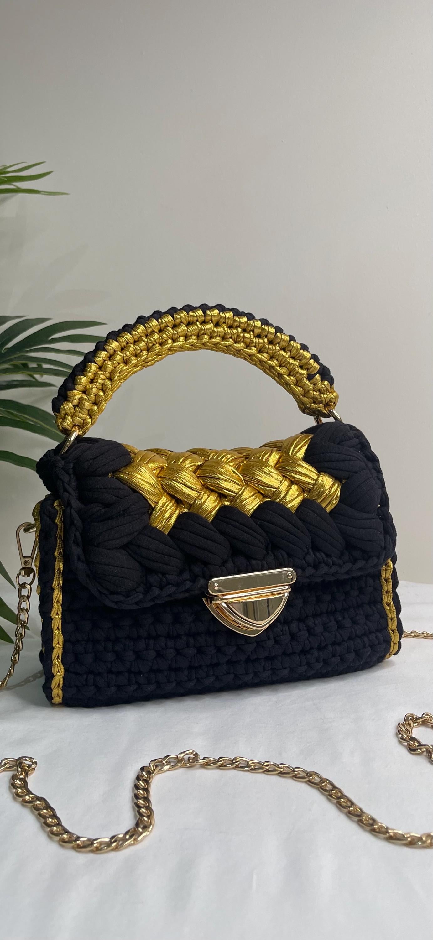 Black and Gold Crochet Bag, Handmade Luxury Handbag, Statement Evening Bag, Designer Style Clutch with Chain, Elegant Gift for Her