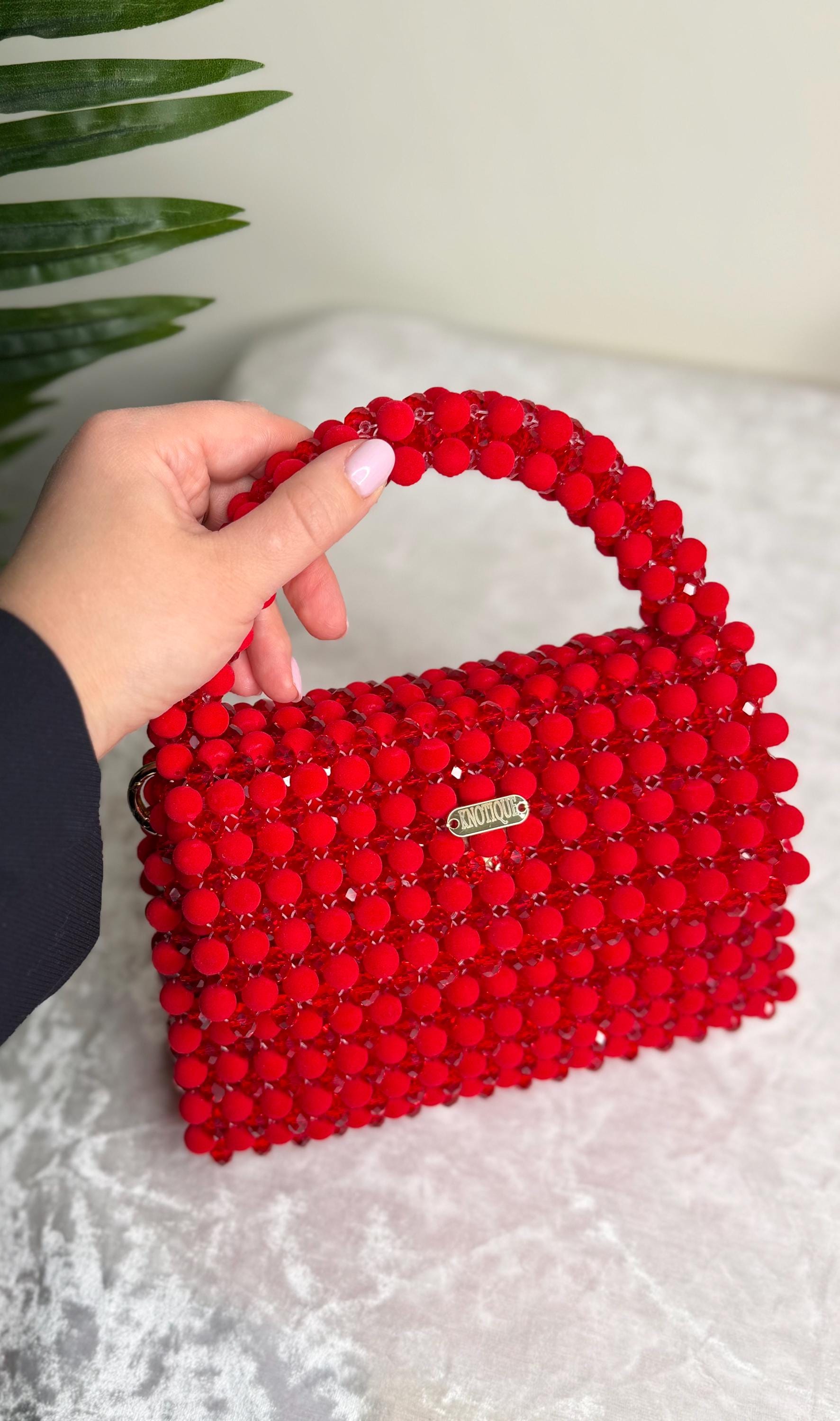 Luxury Red Crystal & Velvet Beaded Bag, Handmade Statement Handbag, Elegant Evening Purse, Bold Designer Style Bag, Gift for Her