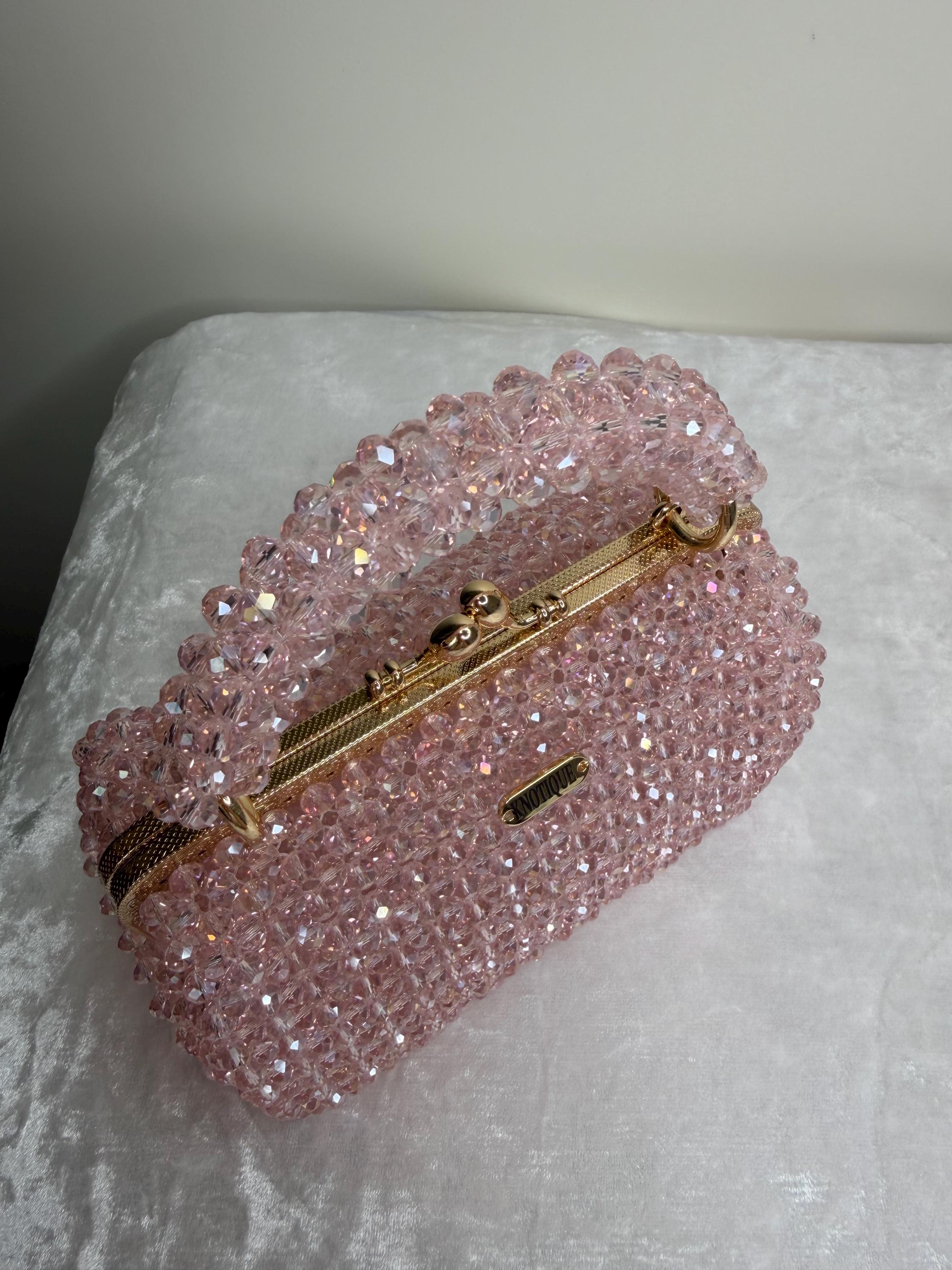 Pink Beaded Bag, Crystal Clutch Purse, Handmade Evening Bag, Bridal Pink Handbag, Sparkly Mini Bag, Wedding Guest Purse, KNOTIQUE