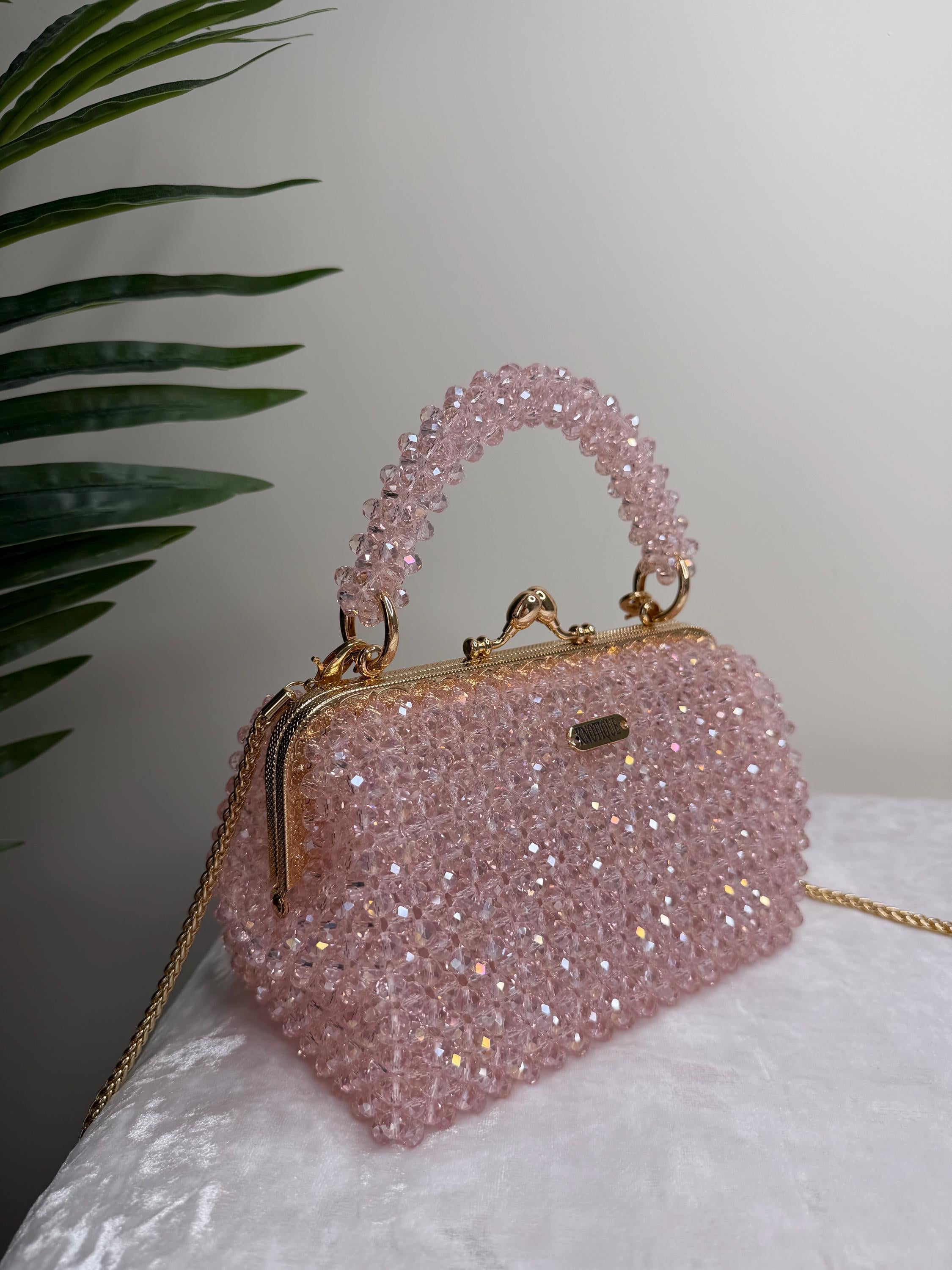 Pink Beaded Bag, Crystal Clutch Purse, Handmade Evening Bag, Bridal Pink Handbag, Sparkly Mini Bag, Wedding Guest Purse, KNOTIQUE
