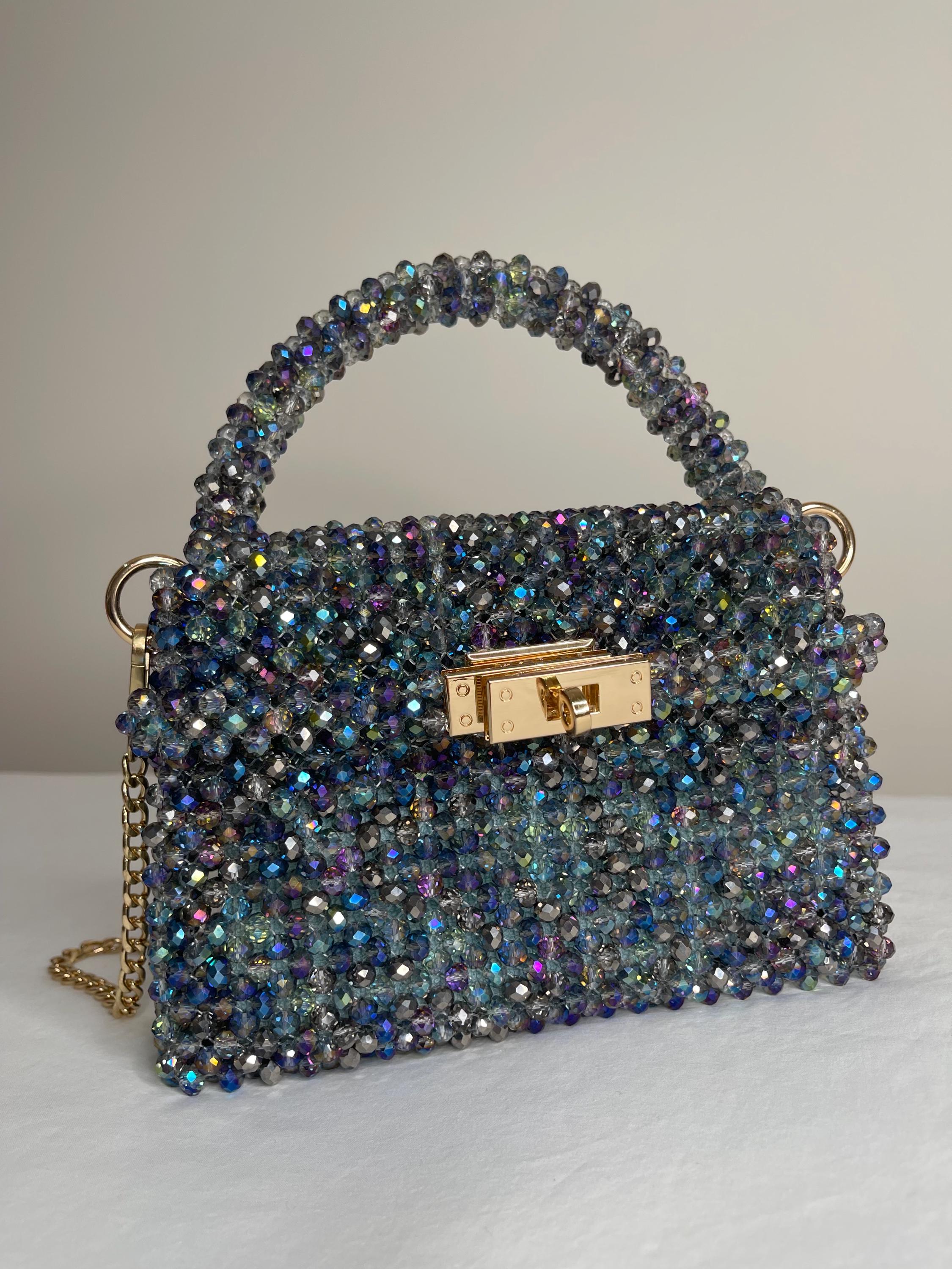 Midnight Aurora Crystal Beaded Bag – Handmade Luxury Evening Purse, Iridescent Blue Sparkle Bag, Statement Party Clutch, KNOTIQUE