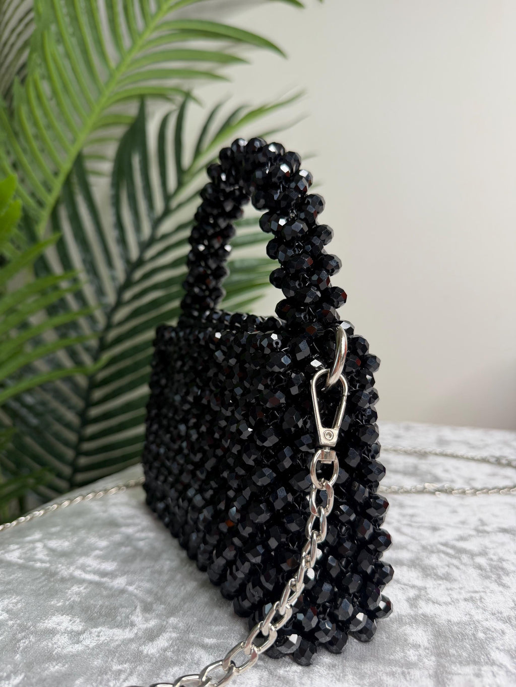 Black Beaded Mini Bag, Handmade Crystal Evening Bag, Luxury Clutch with Chain, Elegant Small Purse, Wedding Party Bag, Gift for Her