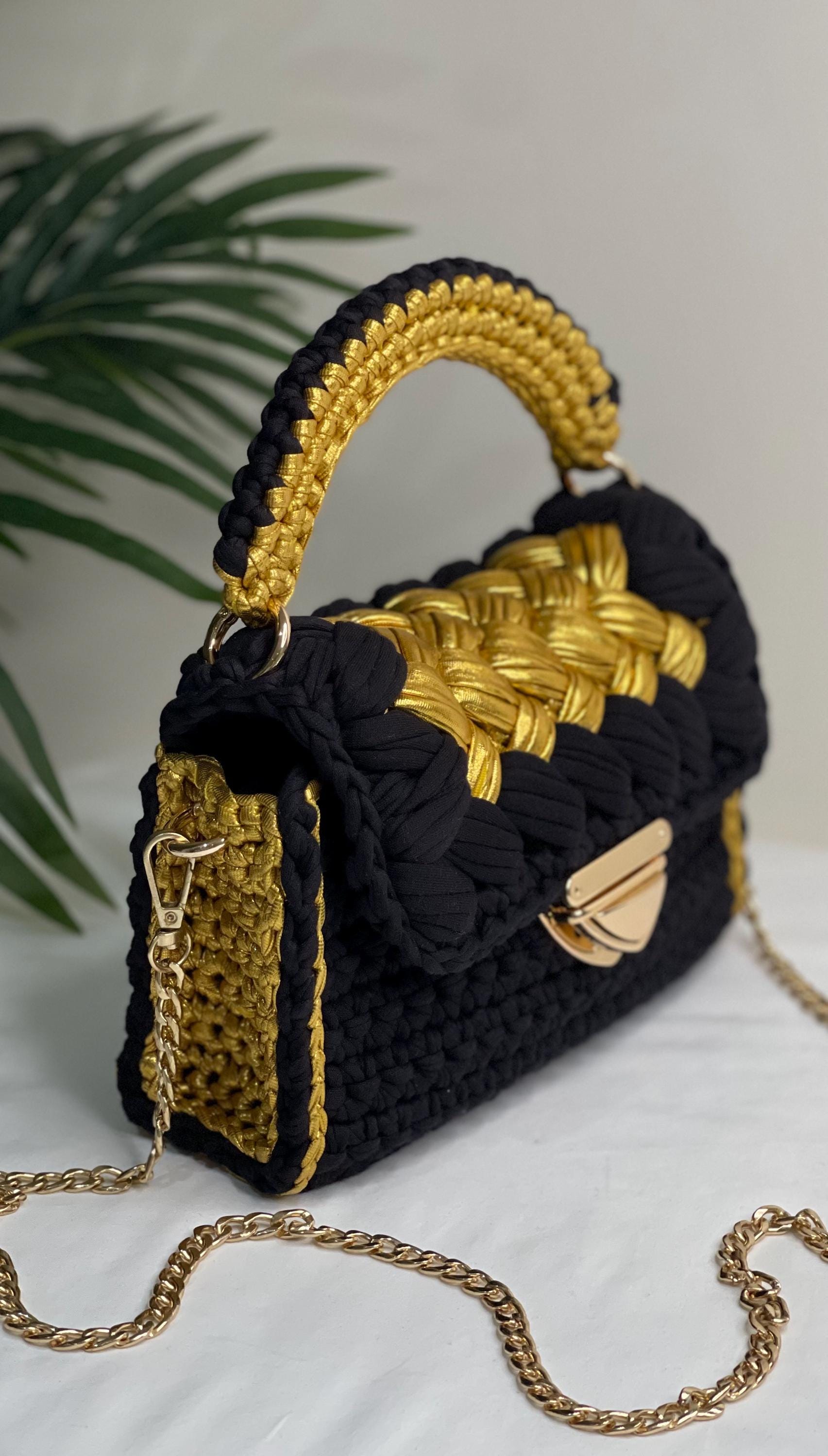 Black and Gold Crochet Bag, Handmade Luxury Handbag, Statement Evening Bag, Designer Style Clutch with Chain, Elegant Gift for Her