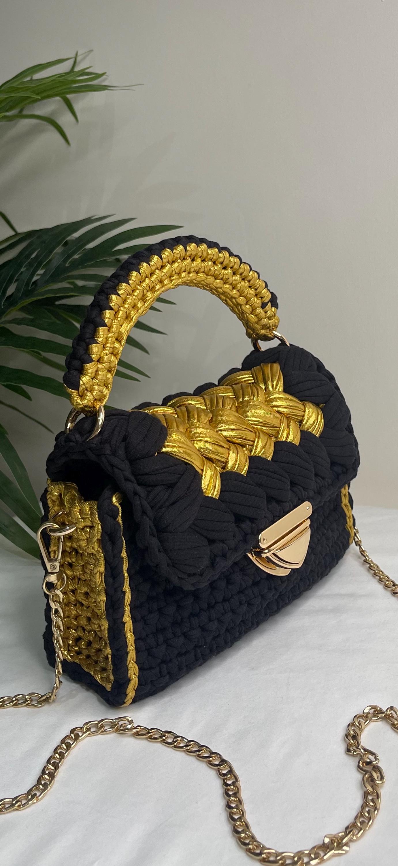 Black and Gold Crochet Bag, Handmade Luxury Handbag, Statement Evening Bag, Designer Style Clutch with Chain, Elegant Gift for Her