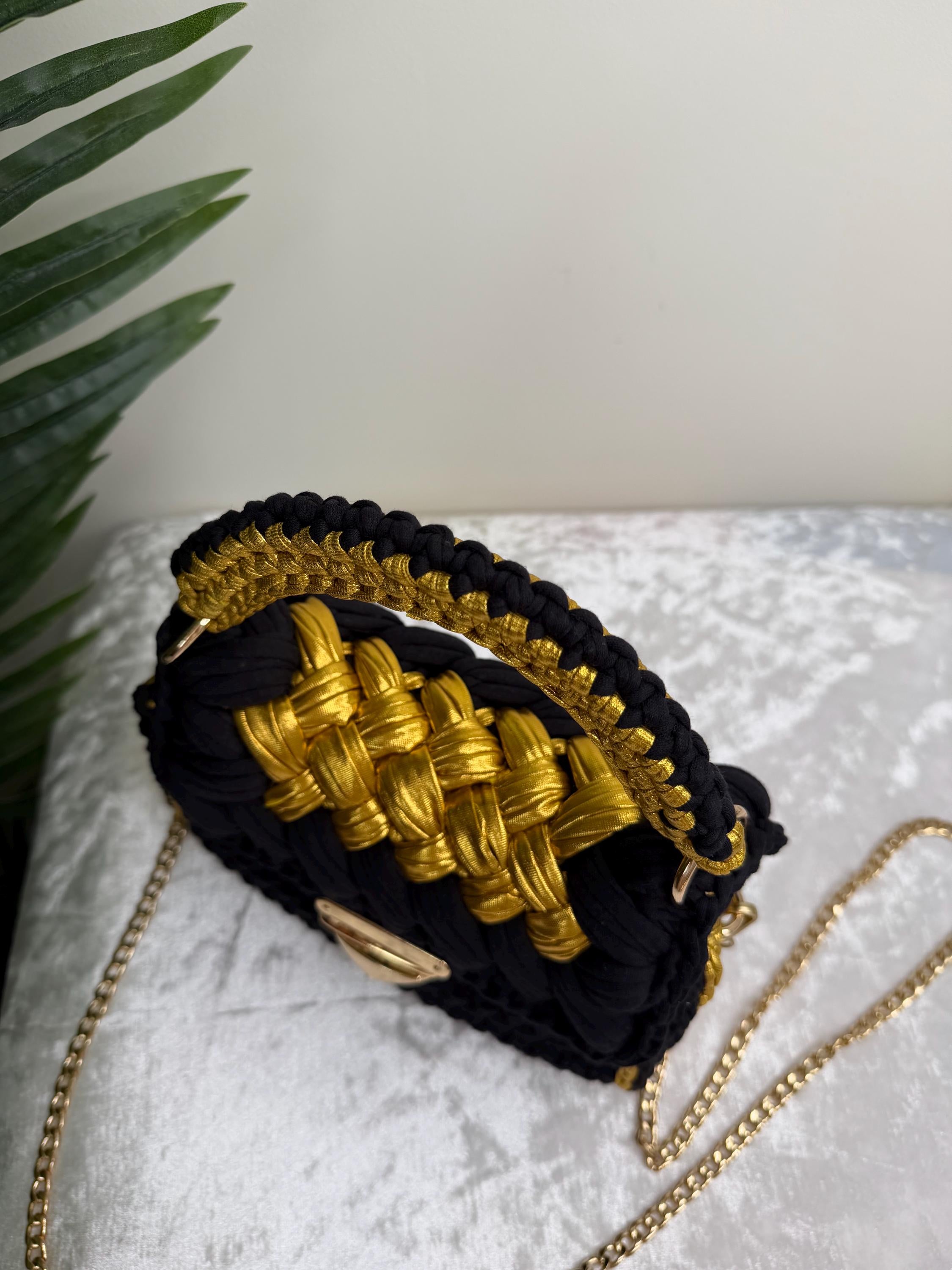 Black and Gold Crochet Bag, Handmade Luxury Handbag, Statement Evening Bag, Designer Style Clutch with Chain, Elegant Gift for Her