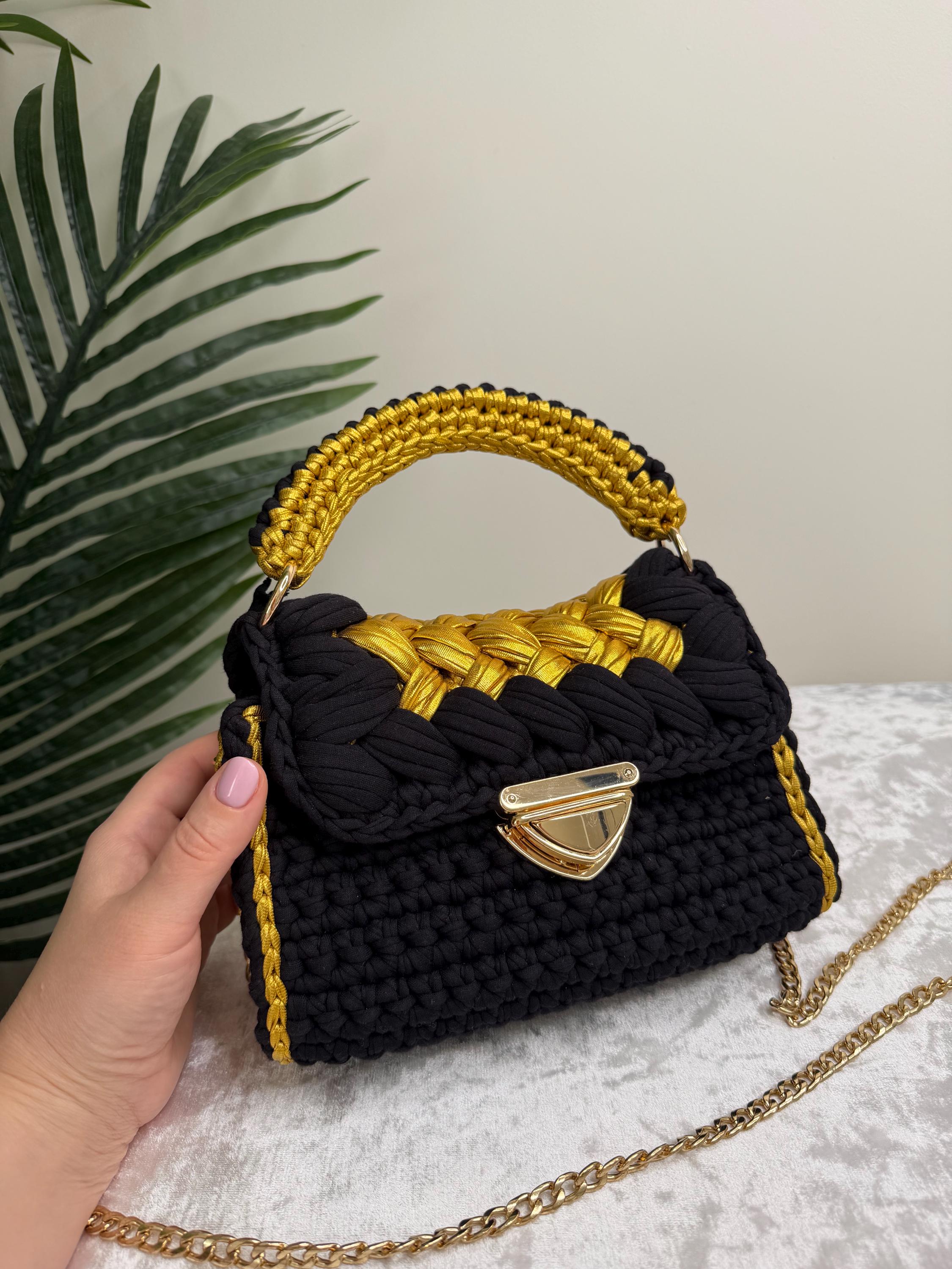 Black and Gold Crochet Bag, Handmade Luxury Handbag, Statement Evening Bag, Designer Style Clutch with Chain, Elegant Gift for Her
