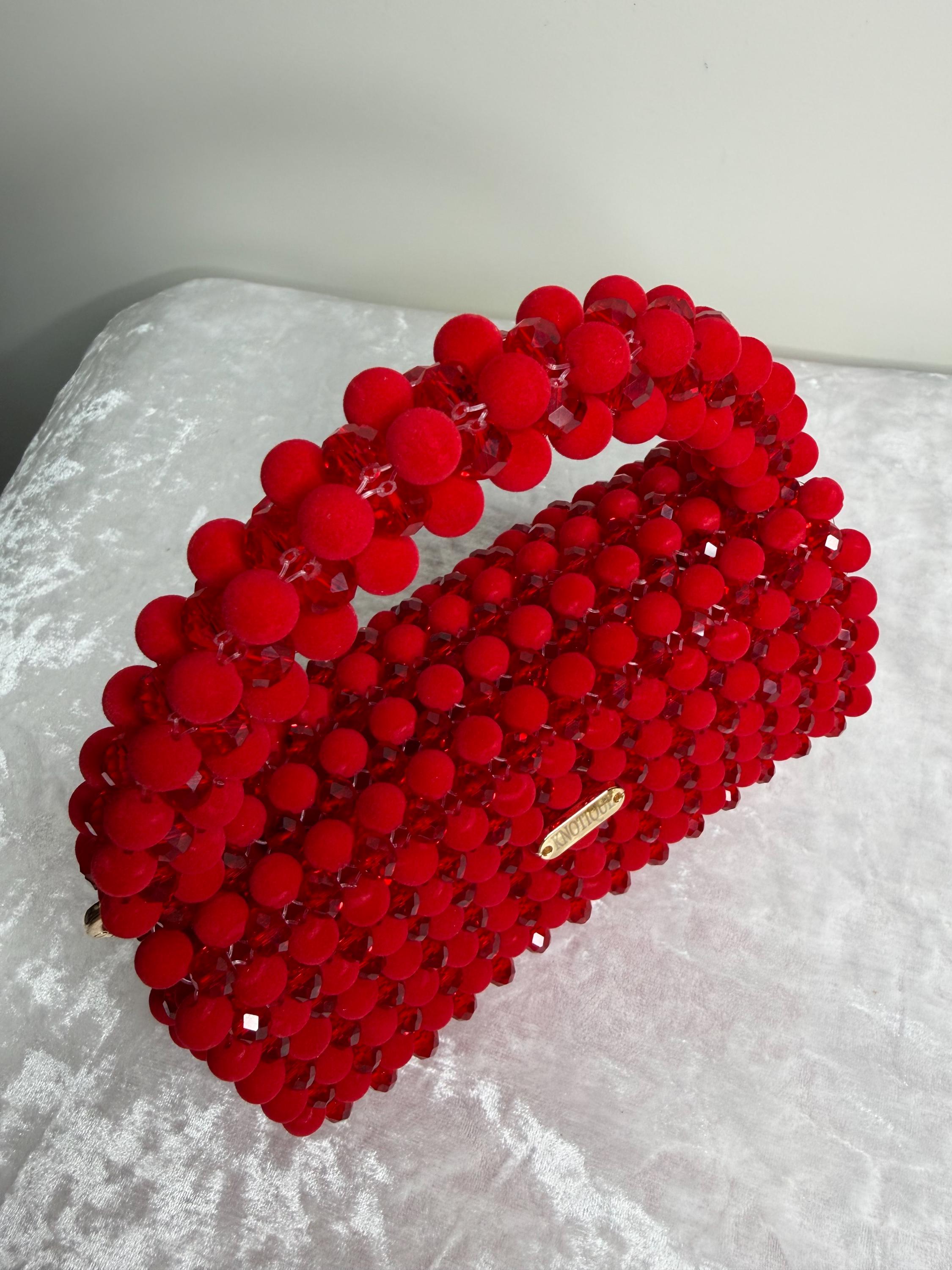 Luxury Red Crystal & Velvet Beaded Bag, Handmade Statement Handbag, Elegant Evening Purse, Bold Designer Style Bag, Gift for Her