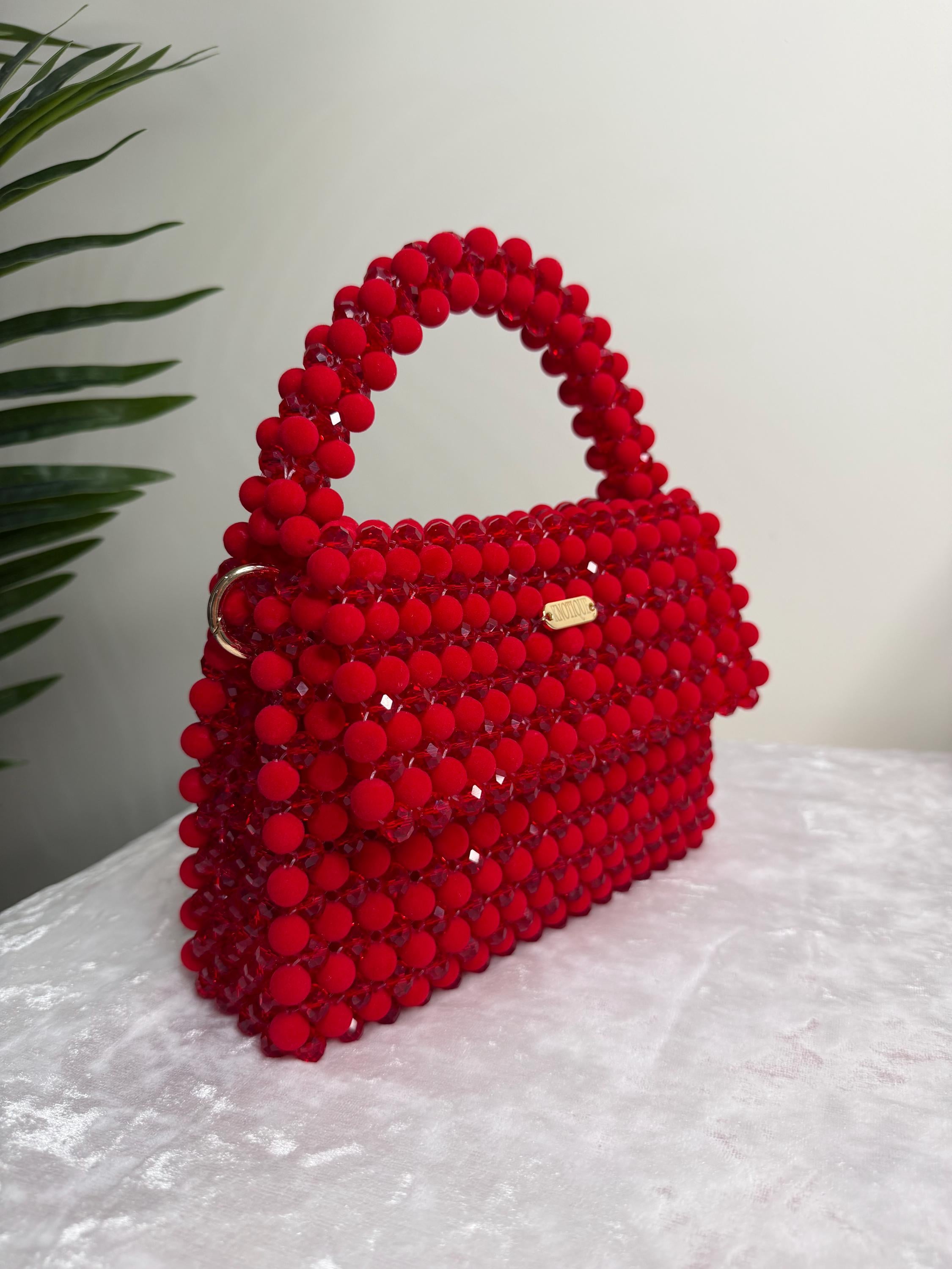 Luxury Red Crystal & Velvet Beaded Bag, Handmade Statement Handbag, Elegant Evening Purse, Bold Designer Style Bag, Gift for Her