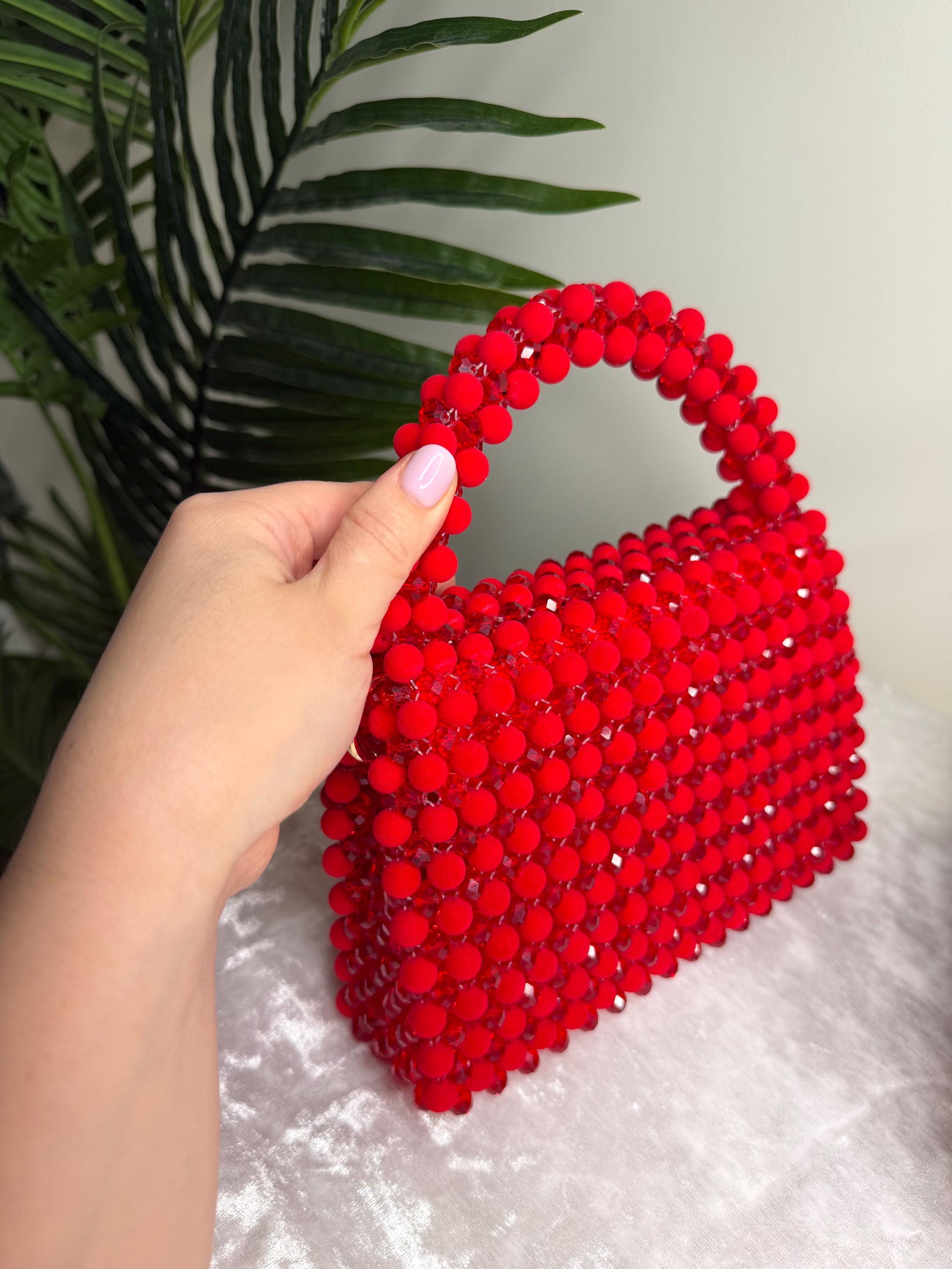 Luxury Red Crystal & Velvet Beaded Bag, Handmade Statement Handbag, Elegant Evening Purse, Bold Designer Style Bag, Gift for Her