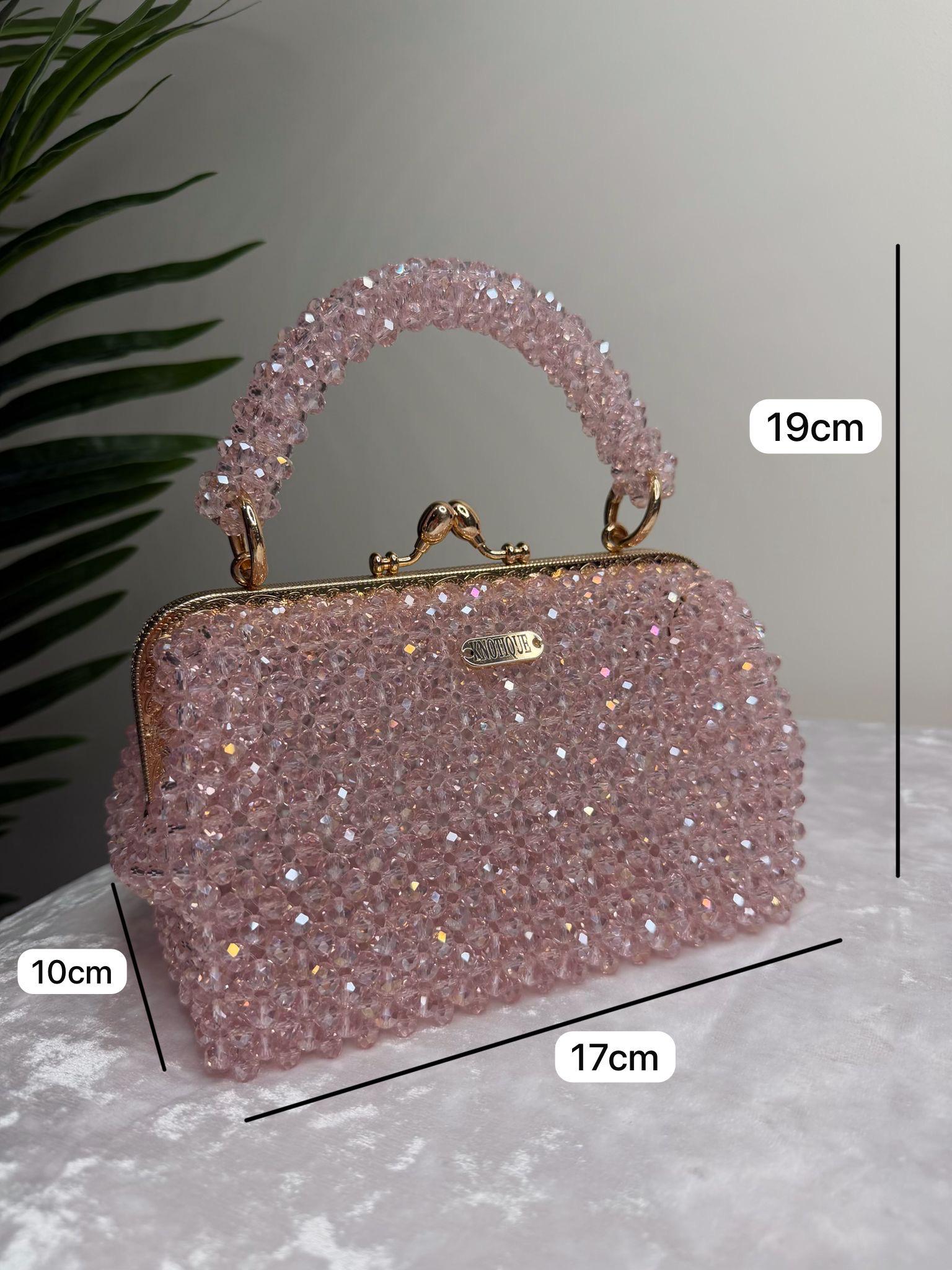 Pink Beaded Bag, Crystal Clutch Purse, Handmade Evening Bag, Bridal Pink Handbag, Sparkly Mini Bag, Wedding Guest Purse, KNOTIQUE