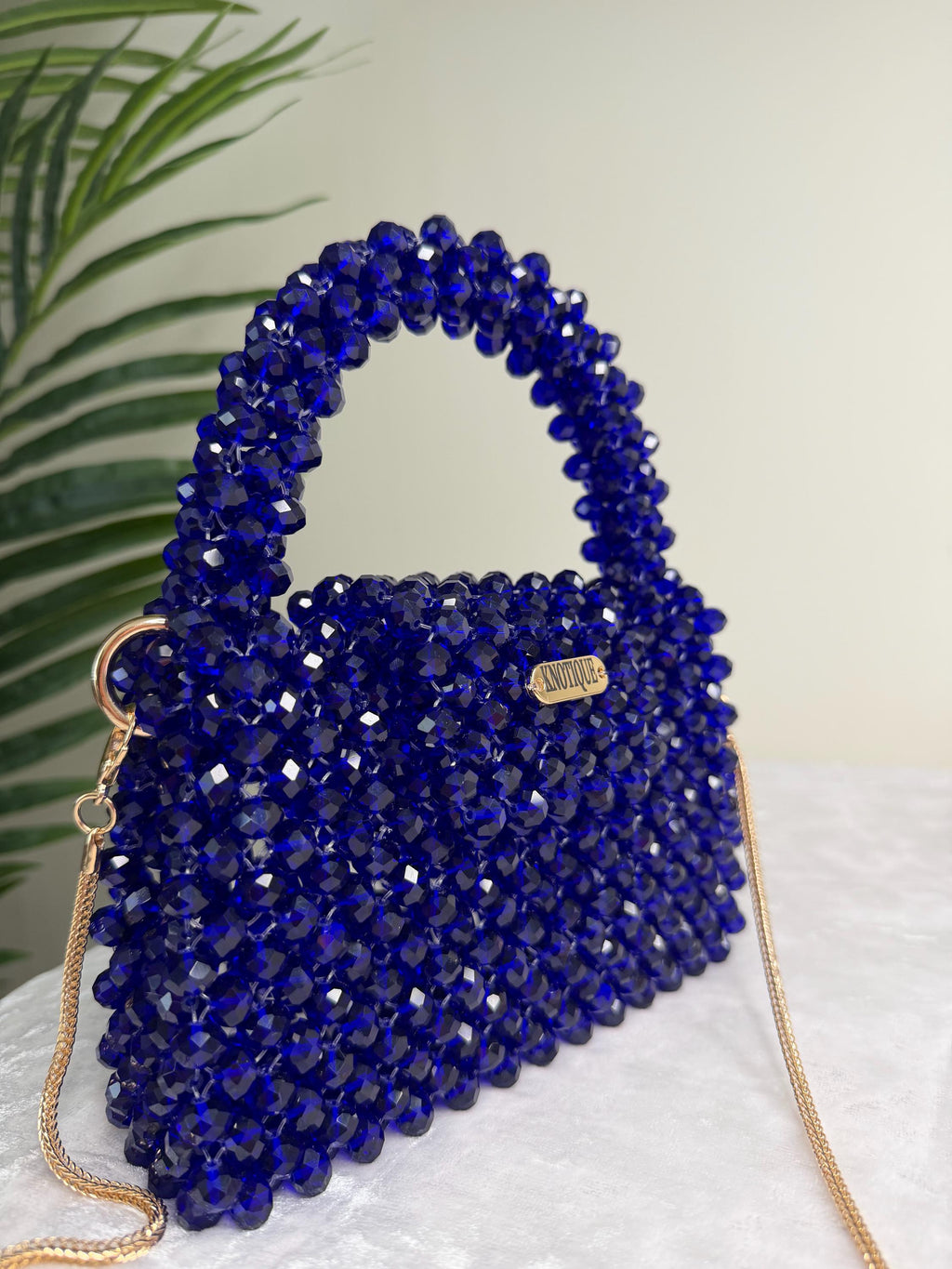 Royal Blue Beaded Mini Bag, Crystal Top Handle Purse with Gold Chain, Handmade Evening Bag, Luxury Statement Handbag, KNOTIQUE
