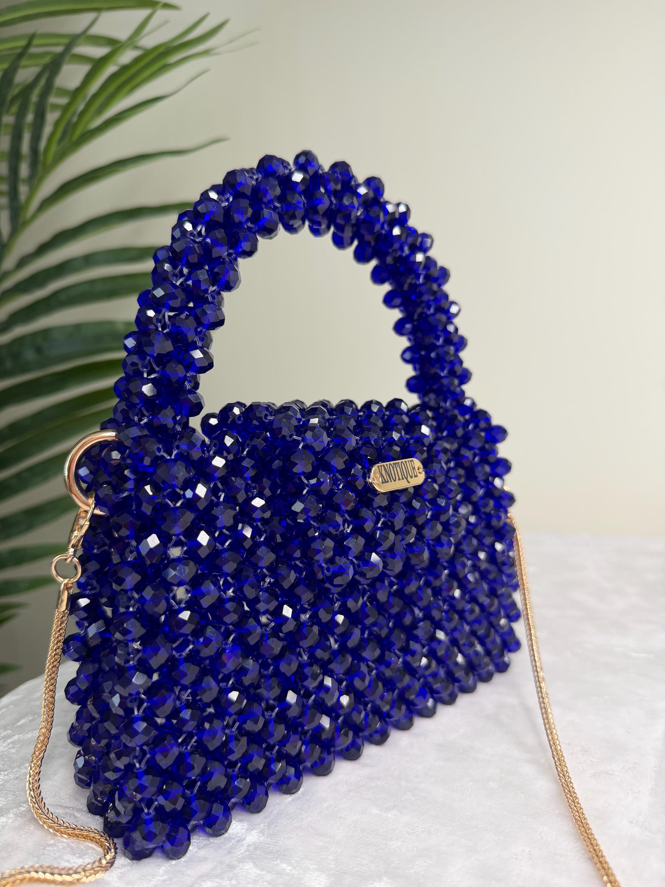 Royal Blue Beaded Mini Bag, Crystal Top Handle Purse with Gold Chain, Handmade Evening Bag, Luxury Statement Handbag, KNOTIQUE