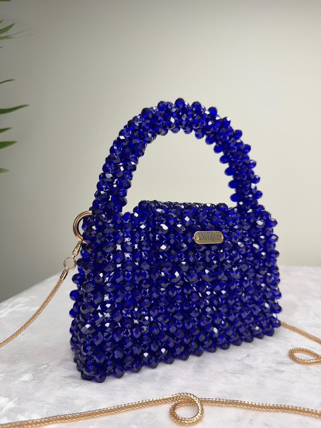 Royal Blue Beaded Mini Bag, Crystal Top Handle Purse with Gold Chain, Handmade Evening Bag, Luxury Statement Handbag, KNOTIQUE