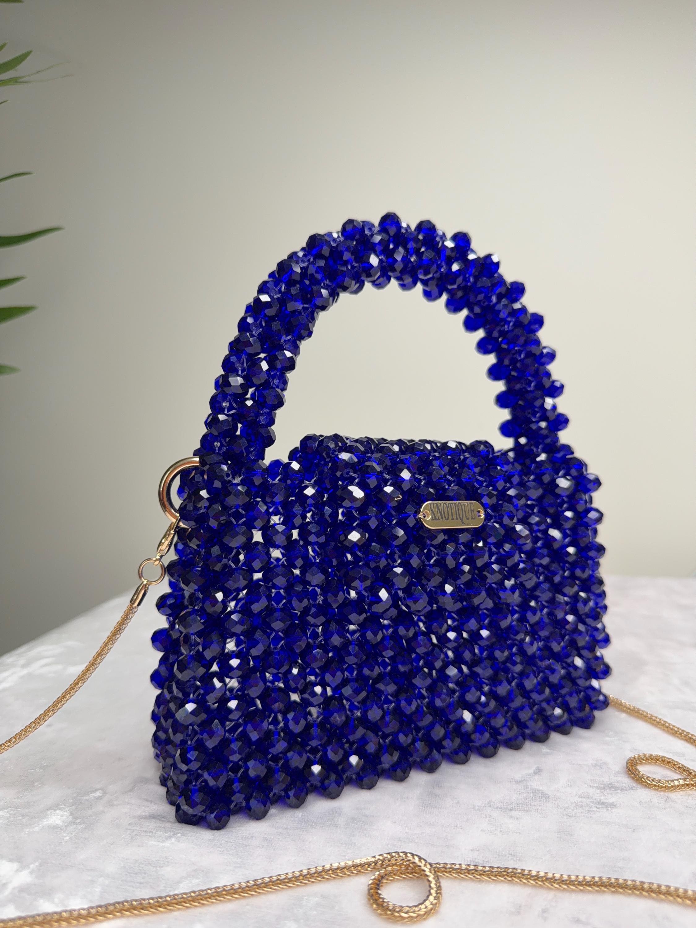 Royal Blue Beaded Mini Bag, Crystal Top Handle Purse with Gold Chain, Handmade Evening Bag, Luxury Statement Handbag, KNOTIQUE
