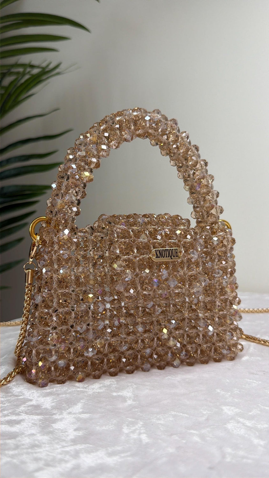 Champagne Beaded Mini Bag, Crystal Top Handle Purse with Gold Chain, Handmade Evening Bag, Bridal Clutch, Luxury Wedding Handbag