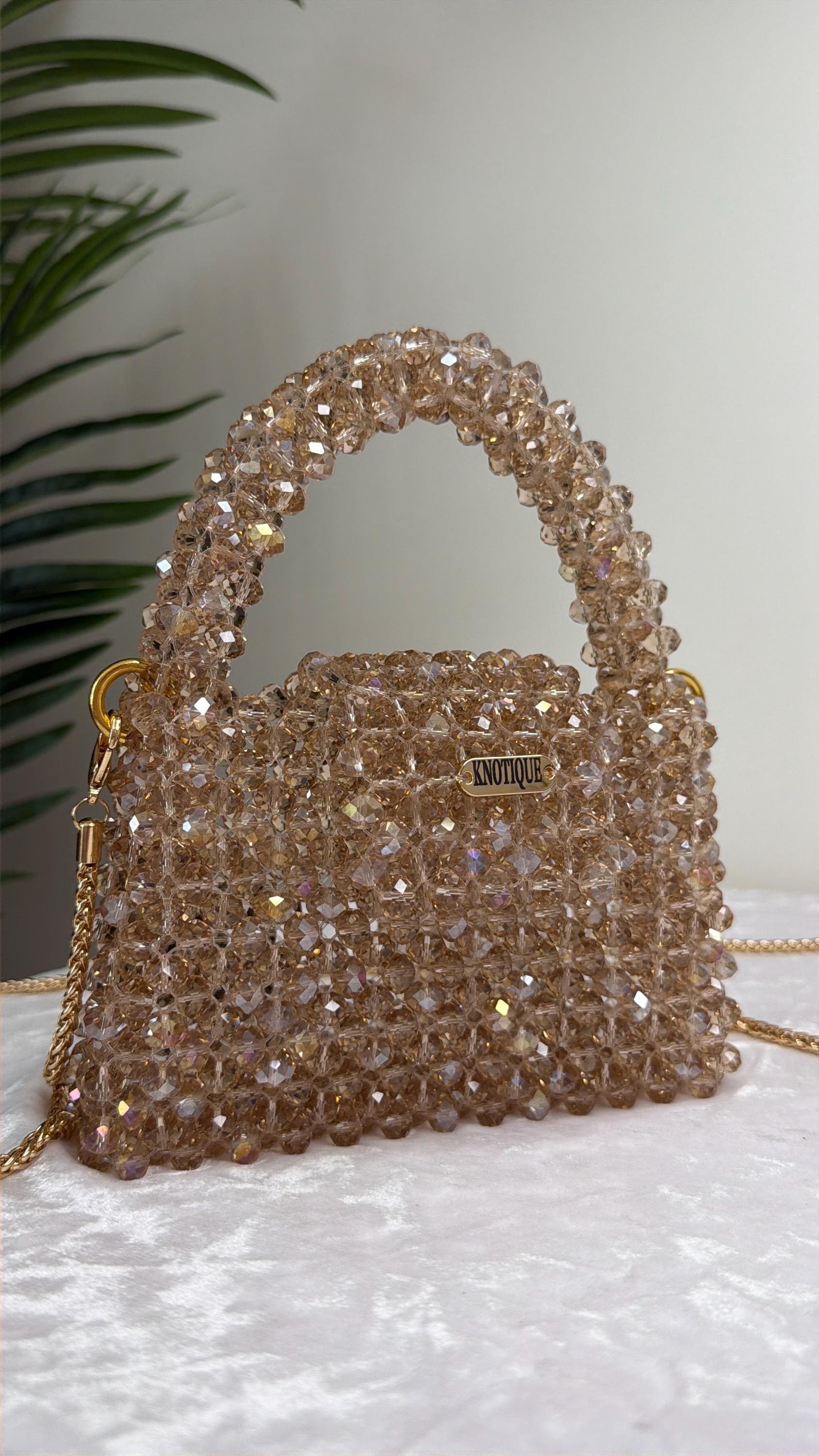 Champagne Beaded Mini Bag, Crystal Top Handle Purse with Gold Chain, Handmade Evening Bag, Bridal Clutch, Luxury Wedding Handbag