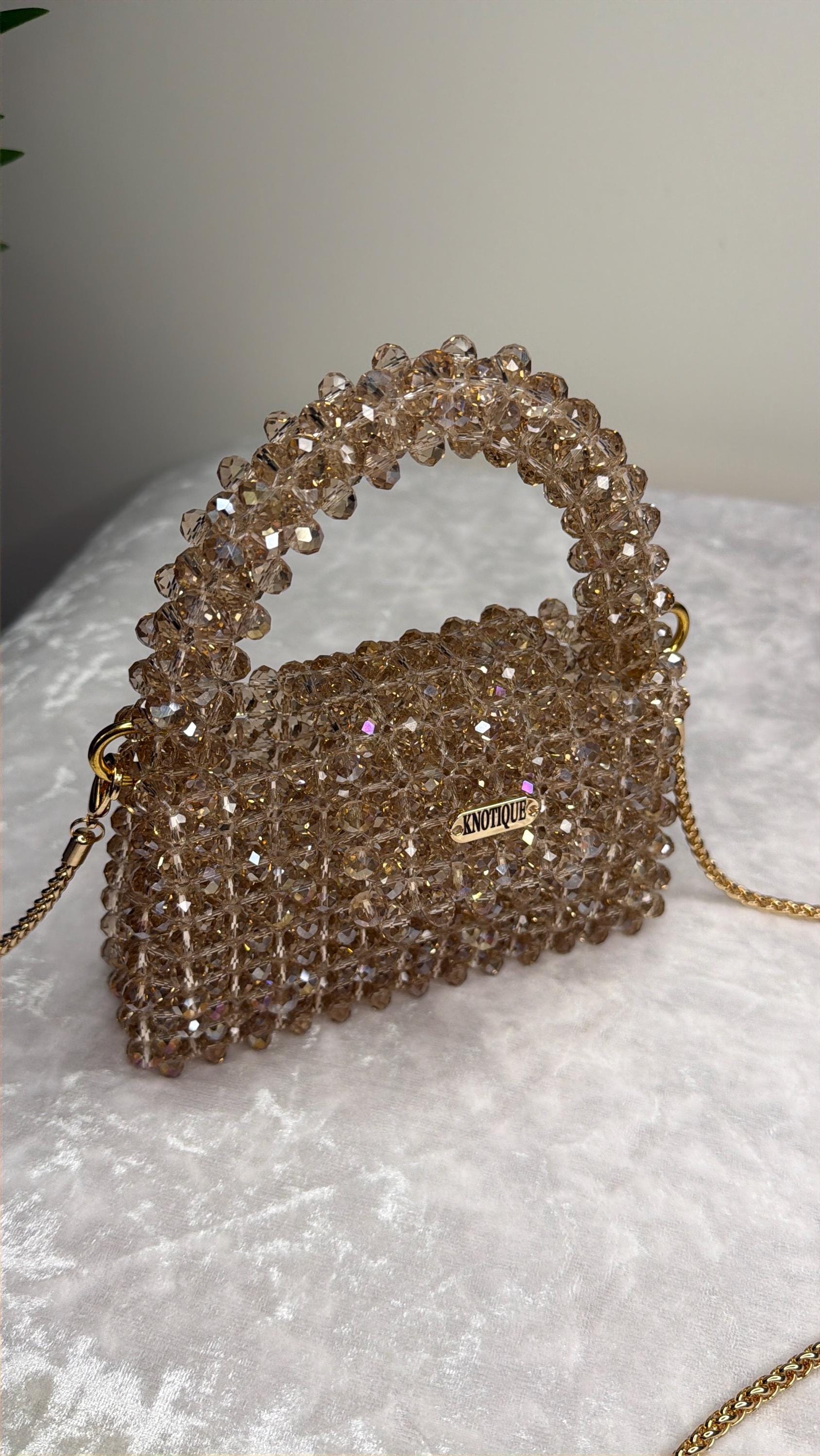 Champagne Beaded Mini Bag, Crystal Top Handle Purse with Gold Chain, Handmade Evening Bag, Bridal Clutch, Luxury Wedding Handbag