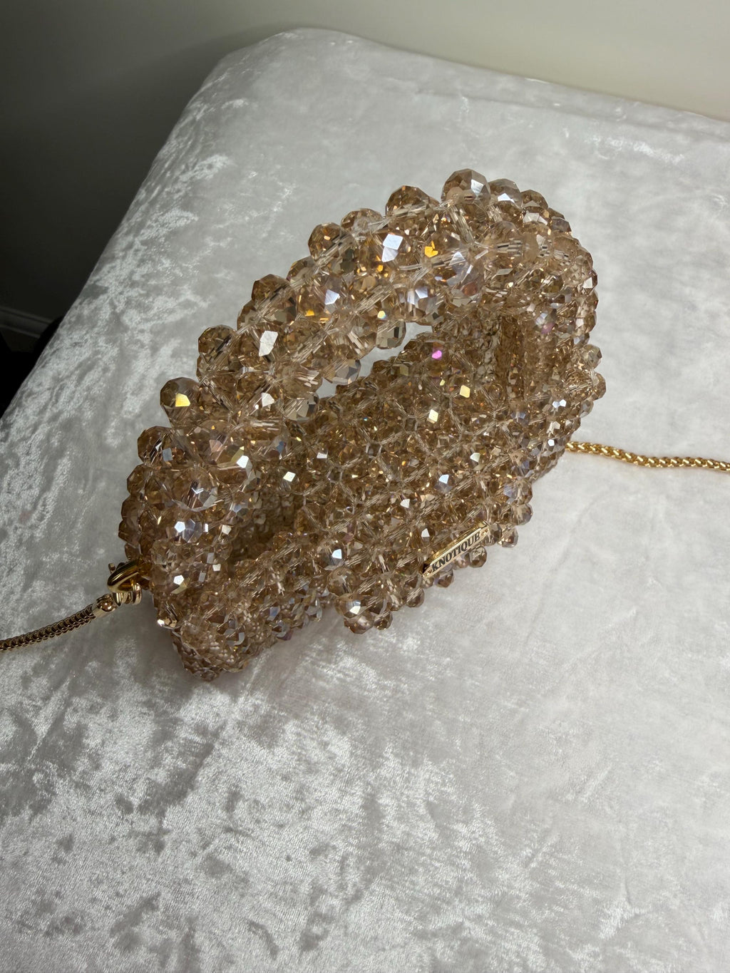 Champagne Beaded Mini Bag, Crystal Top Handle Purse with Gold Chain, Handmade Evening Bag, Bridal Clutch, Luxury Wedding Handbag