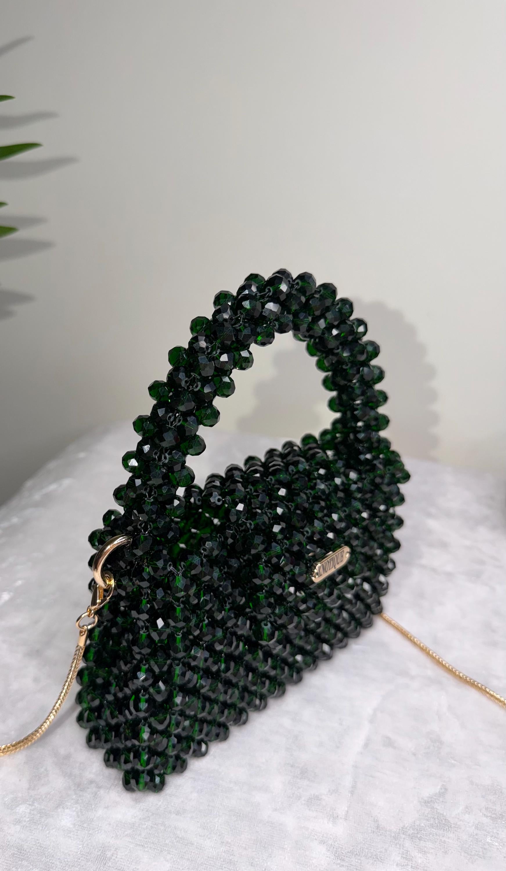 Emerald Green Beaded Bag, Handmade Crystal Purse, Luxury Mini Evening Bag, Sparkly Bridal Clutch, Elegant Shoulder Bag