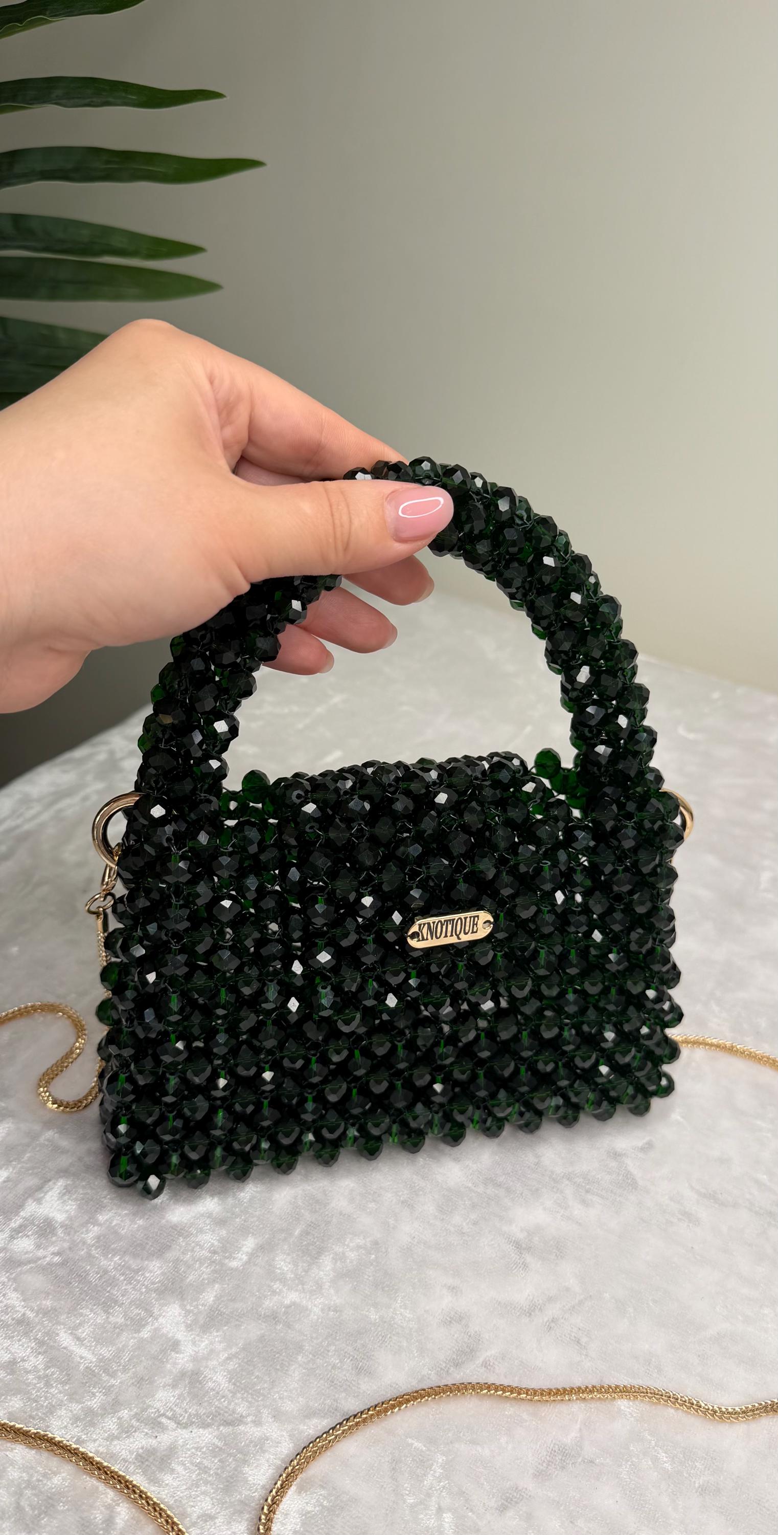 Emerald Green Beaded Bag, Handmade Crystal Purse, Luxury Mini Evening Bag, Sparkly Bridal Clutch, Elegant Shoulder Bag