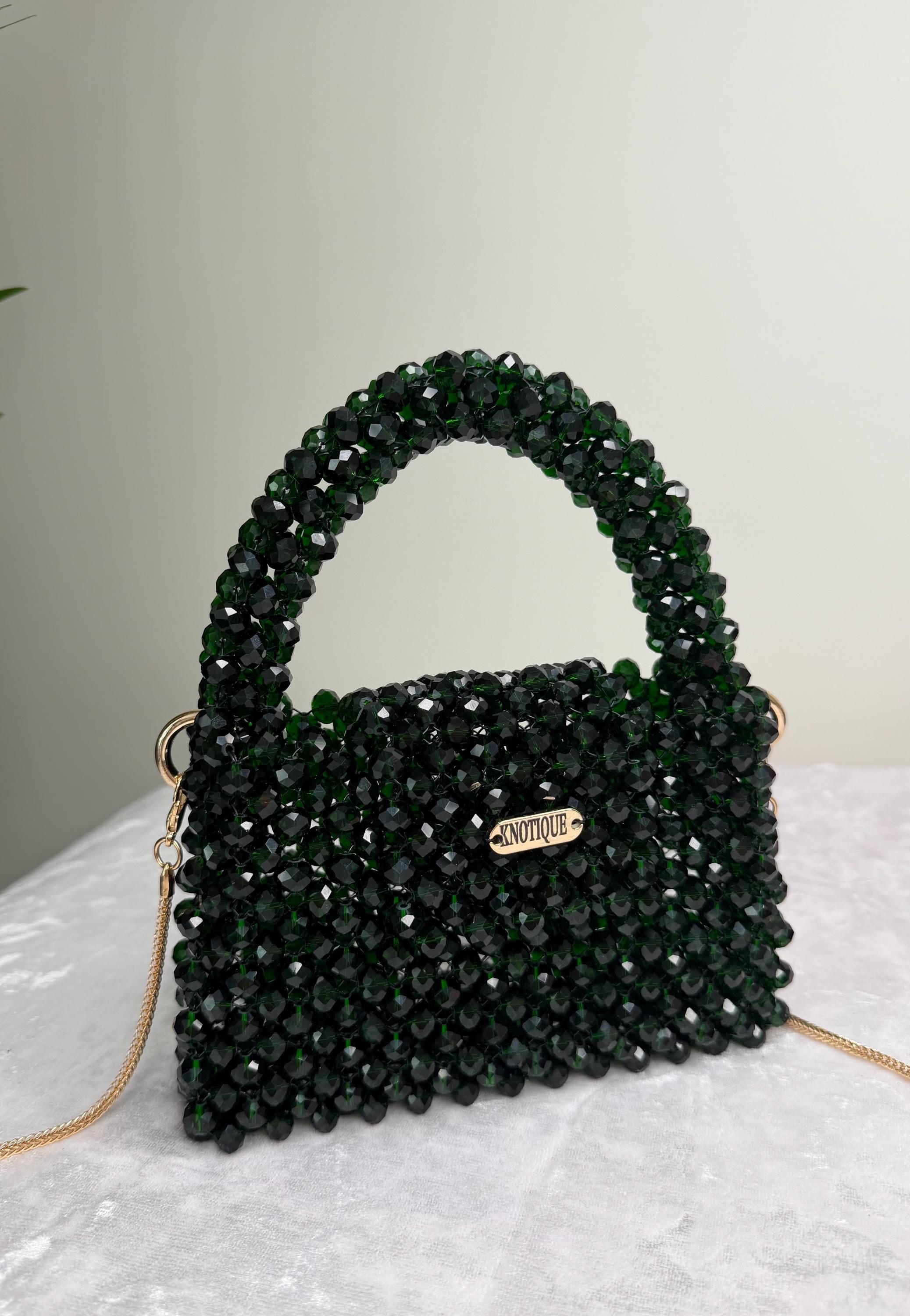 Emerald Green Beaded Bag, Handmade Crystal Purse, Luxury Mini Evening Bag, Sparkly Bridal Clutch, Elegant Shoulder Bag
