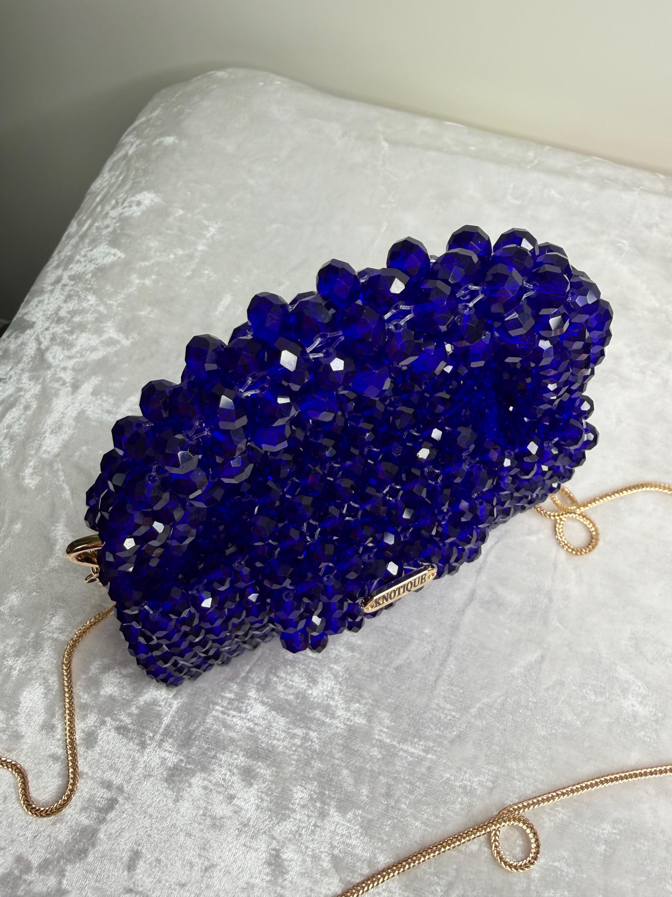 Royal Blue Beaded Mini Bag, Crystal Top Handle Purse with Gold Chain, Handmade Evening Bag, Luxury Statement Handbag, KNOTIQUE