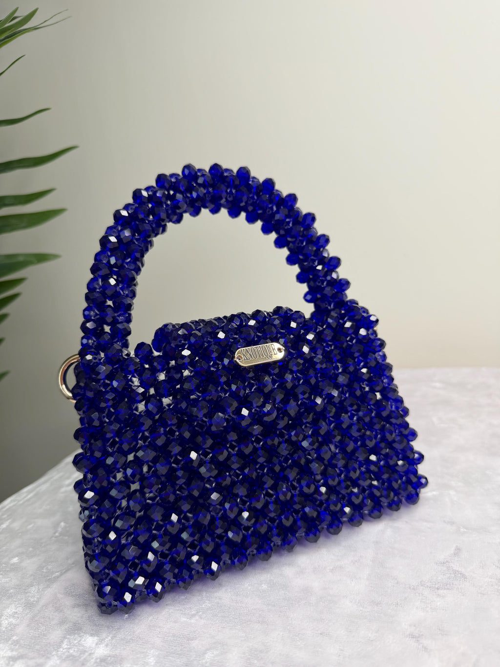 Royal Blue Beaded Mini Bag, Crystal Top Handle Purse with Gold Chain, Handmade Evening Bag, Luxury Statement Handbag, KNOTIQUE