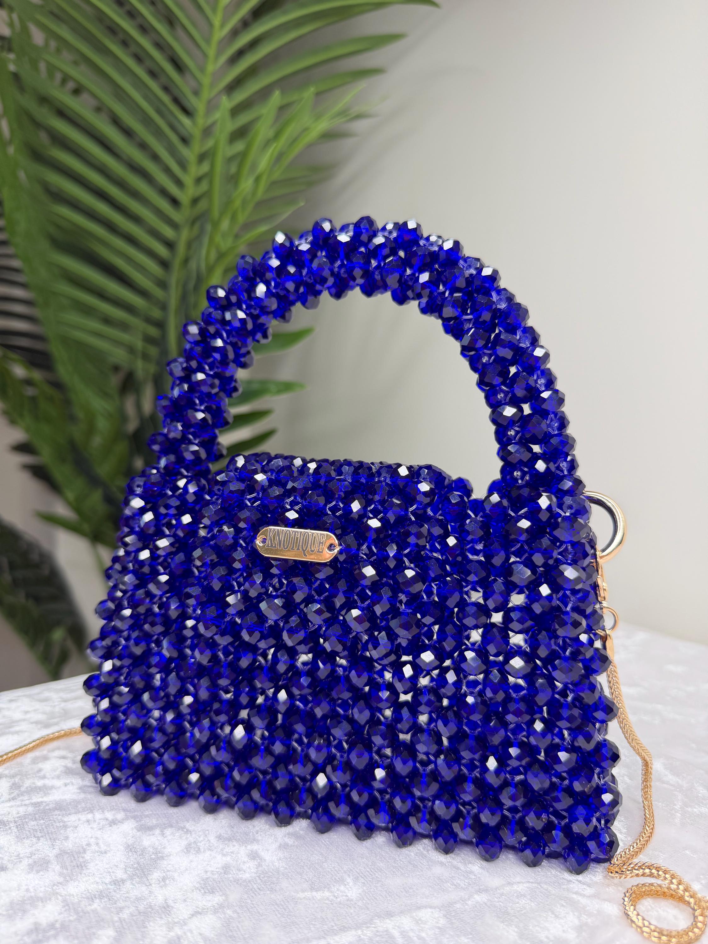 Royal Blue Beaded Mini Bag, Crystal Top Handle Purse with Gold Chain, Handmade Evening Bag, Luxury Statement Handbag, KNOTIQUE