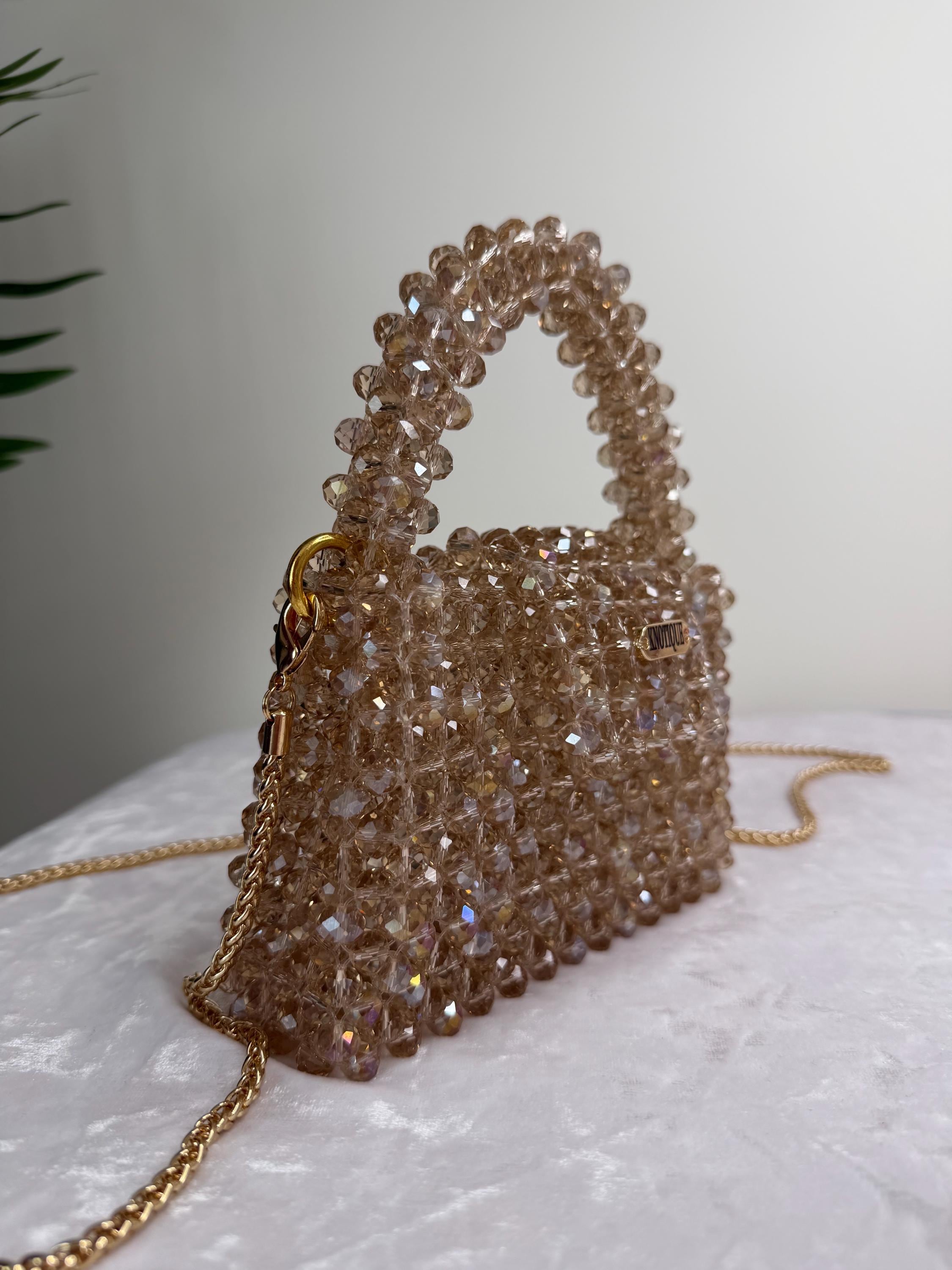 Champagne Beaded Mini Bag, Crystal Top Handle Purse with Gold Chain, Handmade Evening Bag, Bridal Clutch, Luxury Wedding Handbag
