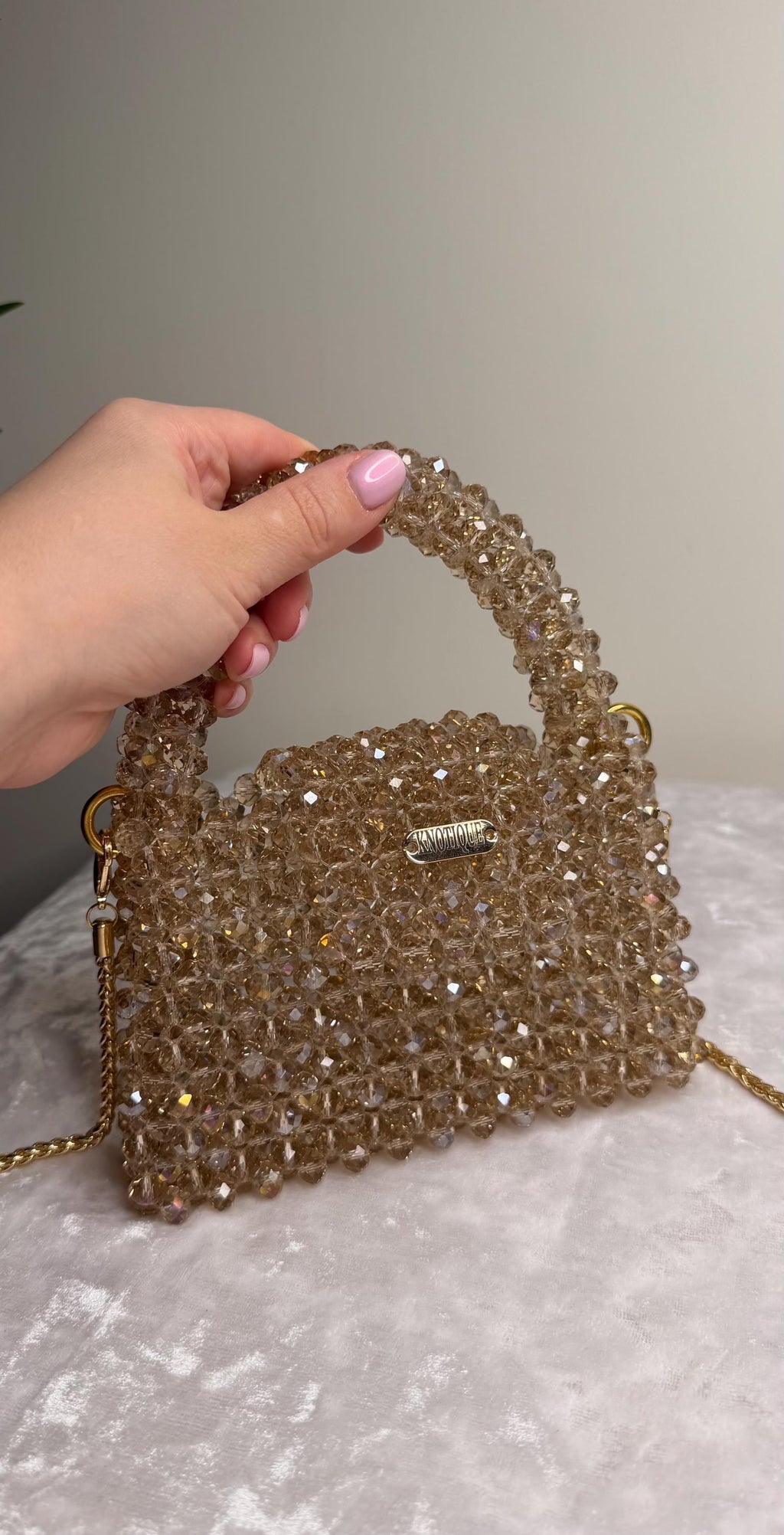 Champagne Beaded Mini Bag, Crystal Top Handle Purse with Gold Chain, Handmade Evening Bag, Bridal Clutch, Luxury Wedding Handbag