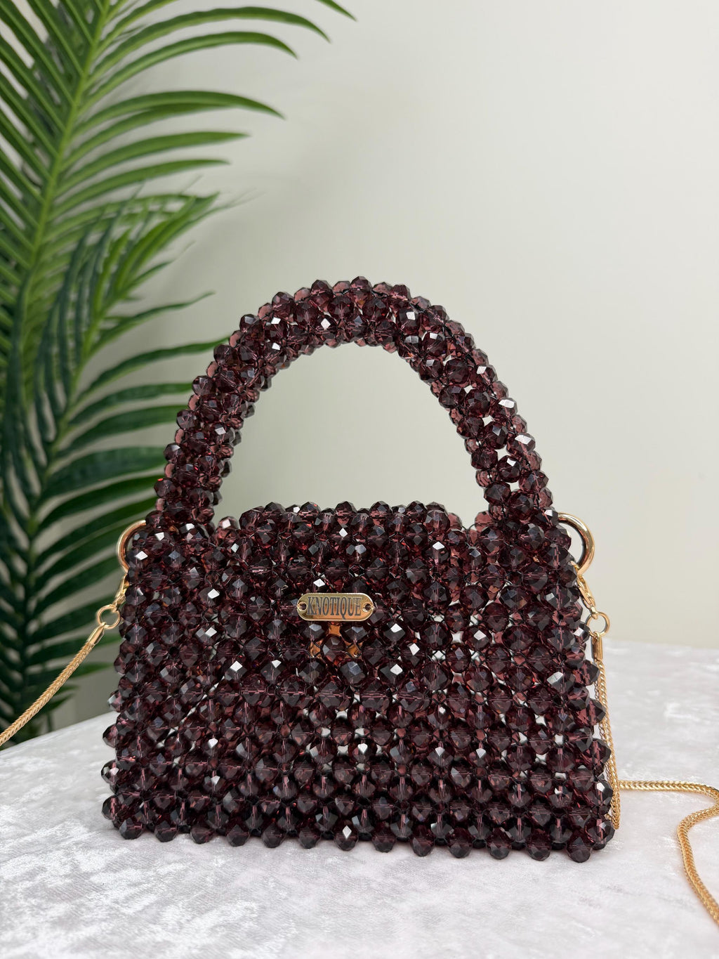Deep Burgundy Beaded Mini Bag, Elegant Crystal Evening Crossbody Purse