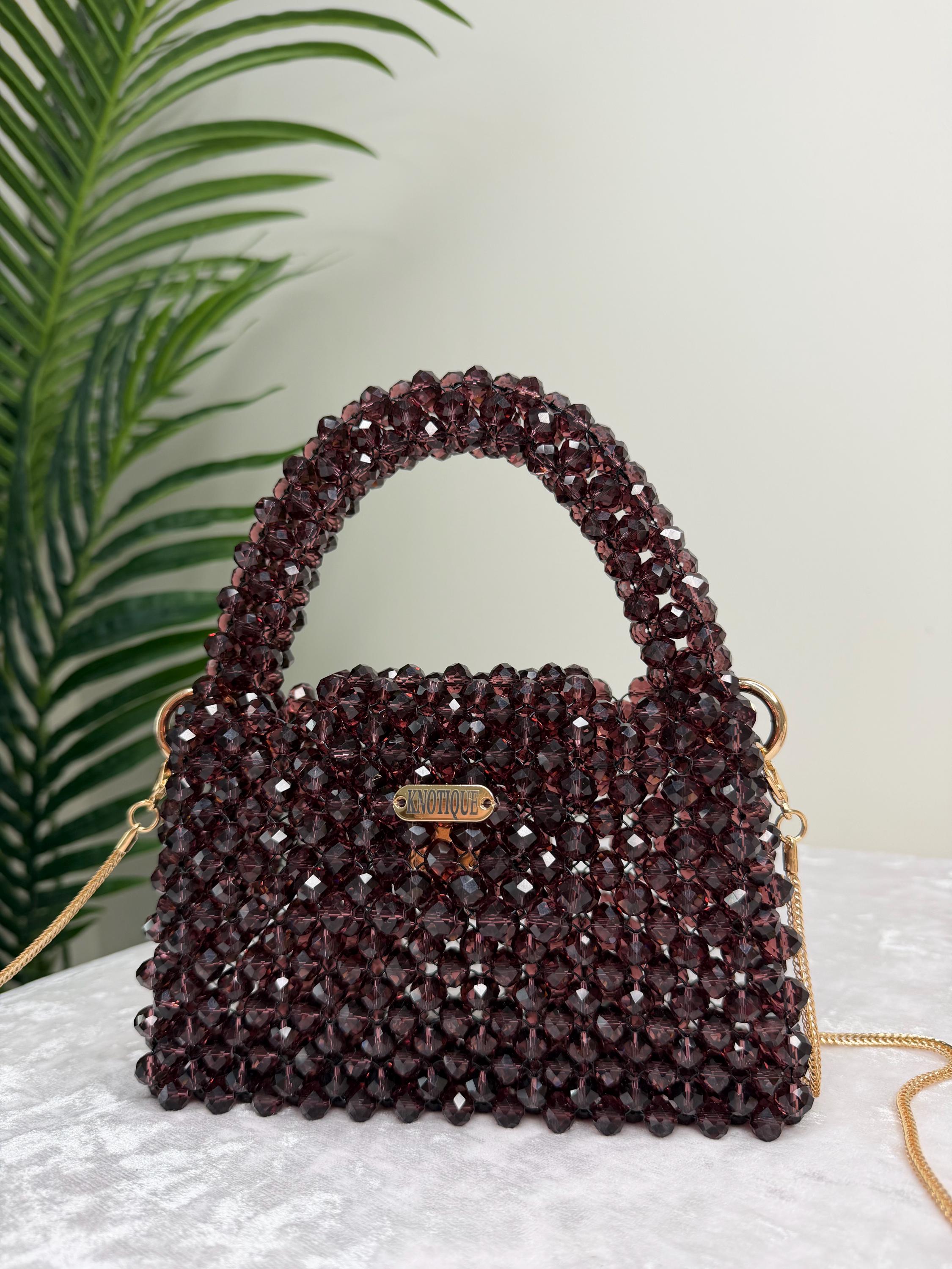 Deep Burgundy Beaded Mini Bag, Elegant Crystal Evening Crossbody Purse