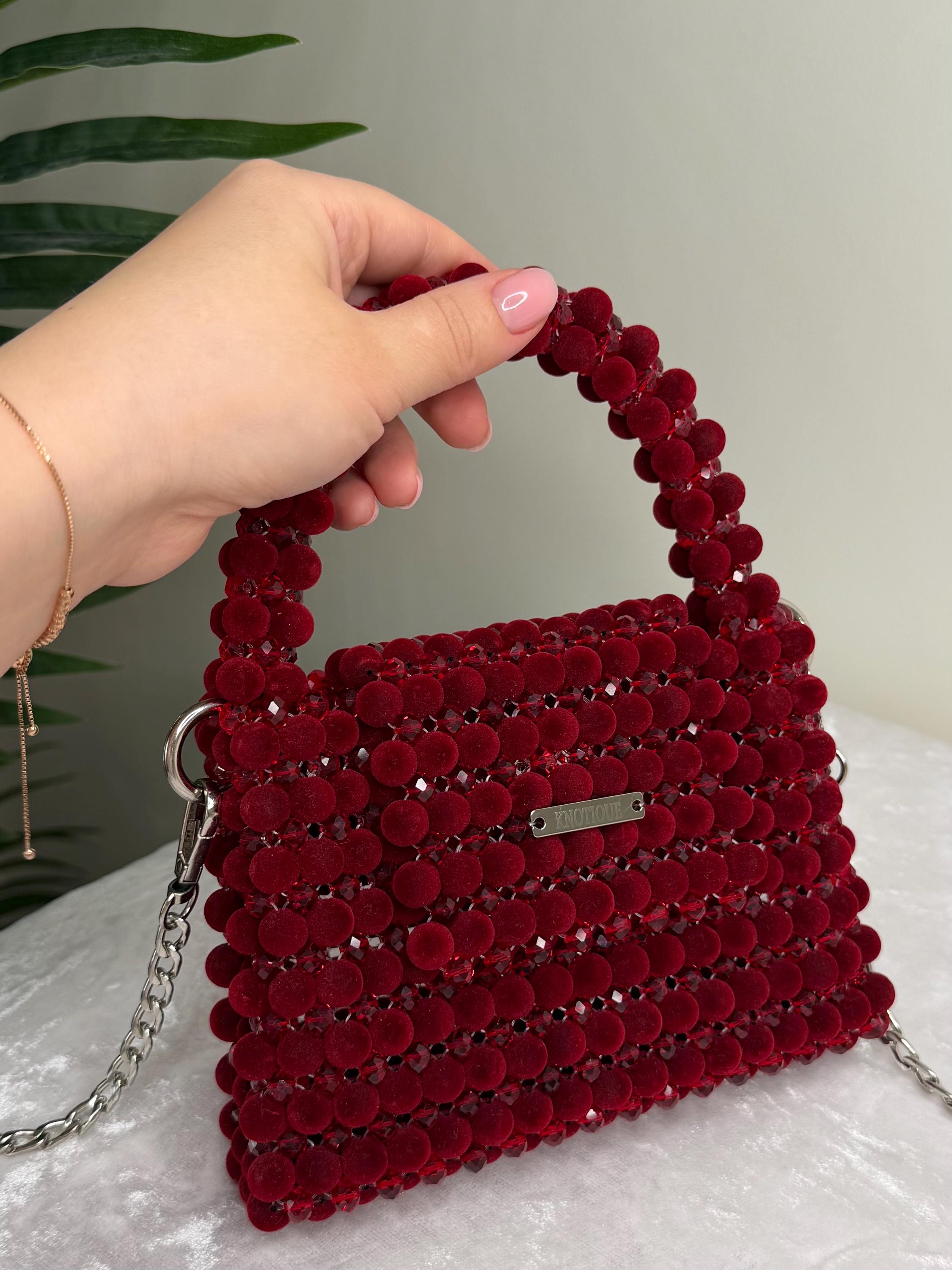 Burgundy Beaded Bag, Handmade Velvet Bead Purse, Luxury Statement Mini Bag, Evening Bag, Bridal Clutch, Gift for Her