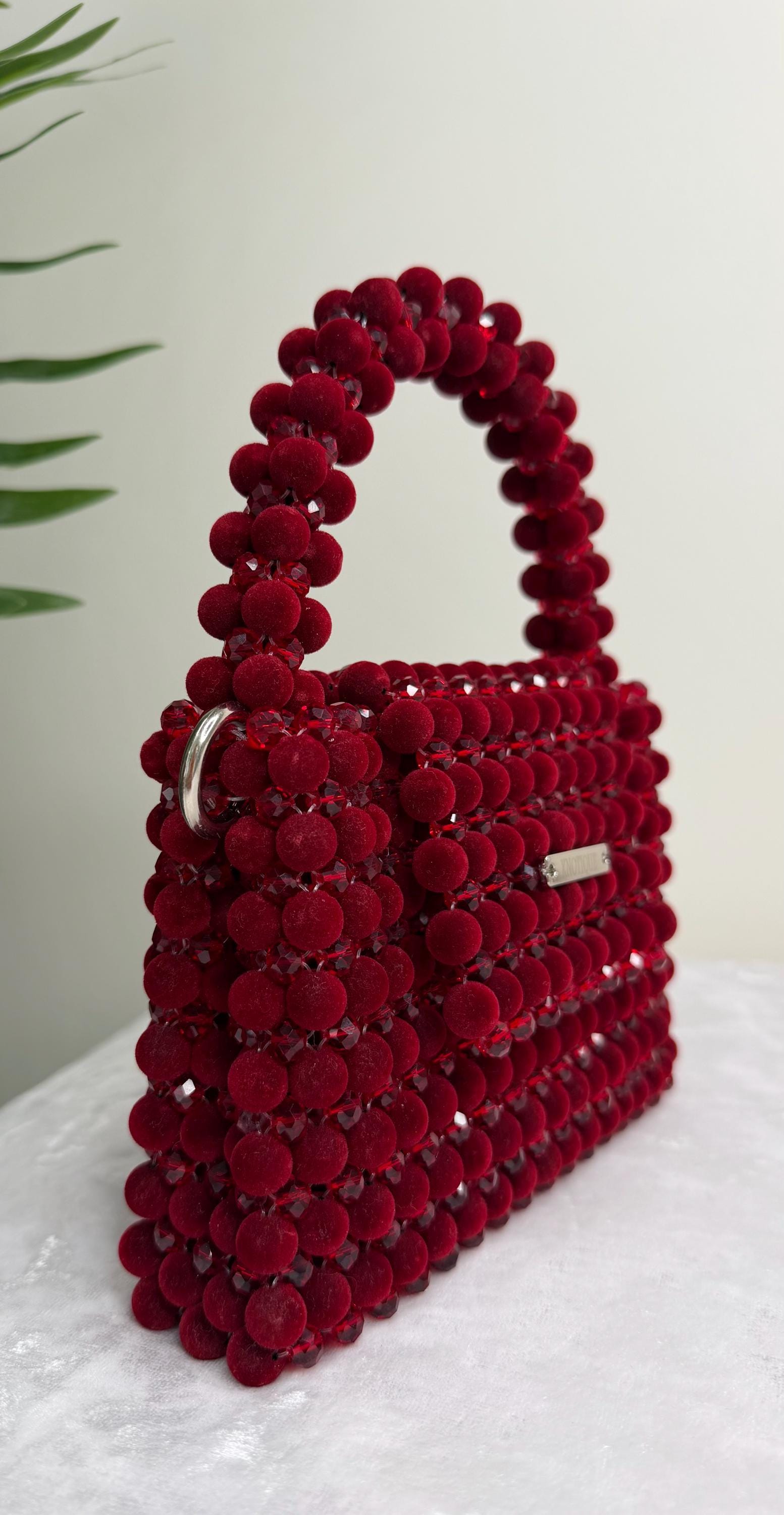 Burgundy Beaded Bag, Handmade Velvet Bead Purse, Luxury Statement Mini Bag, Evening Bag, Bridal Clutch, Gift for Her