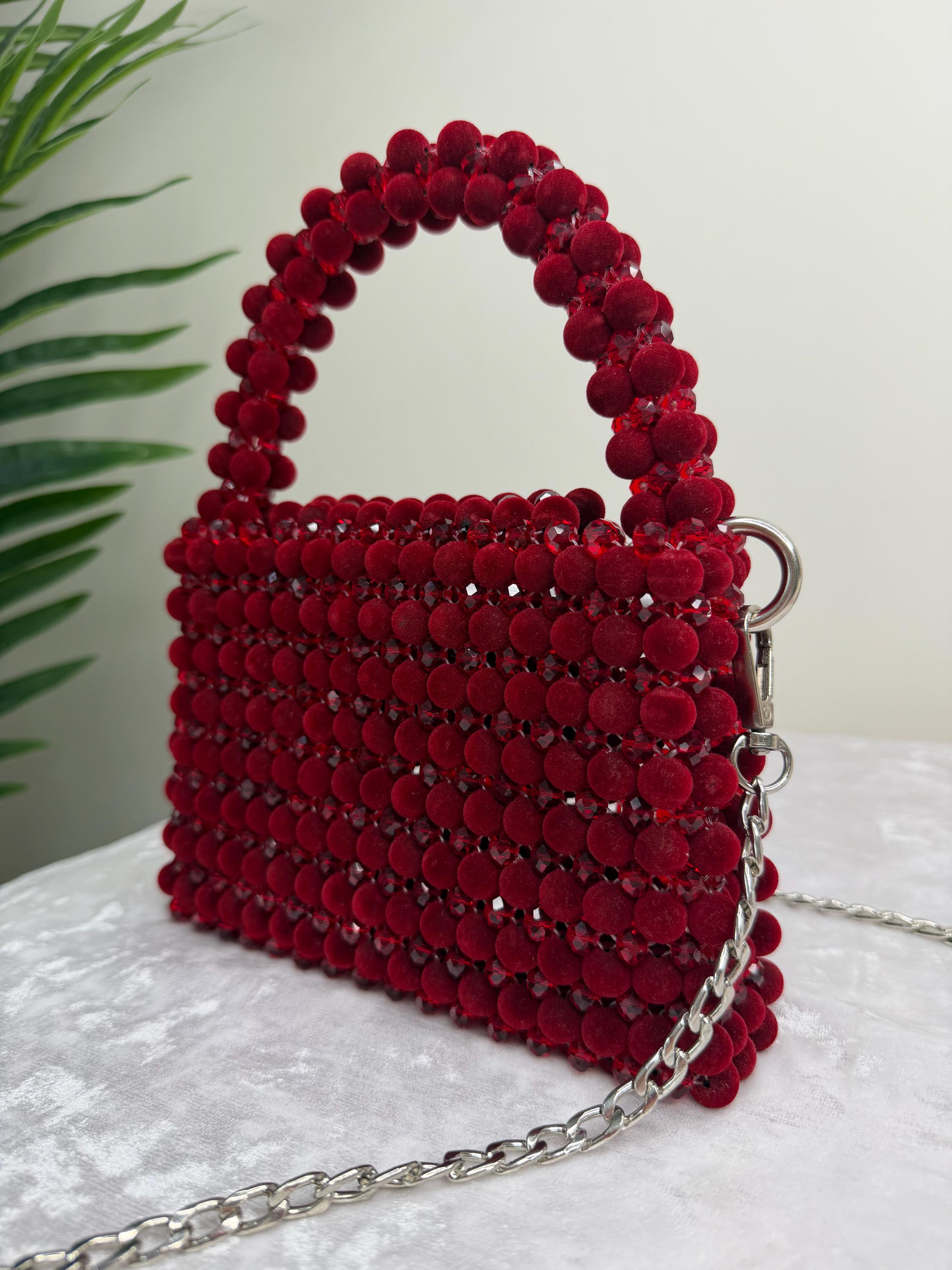 Burgundy Beaded Bag, Handmade Velvet Bead Purse, Luxury Statement Mini Bag, Evening Bag, Bridal Clutch, Gift for Her