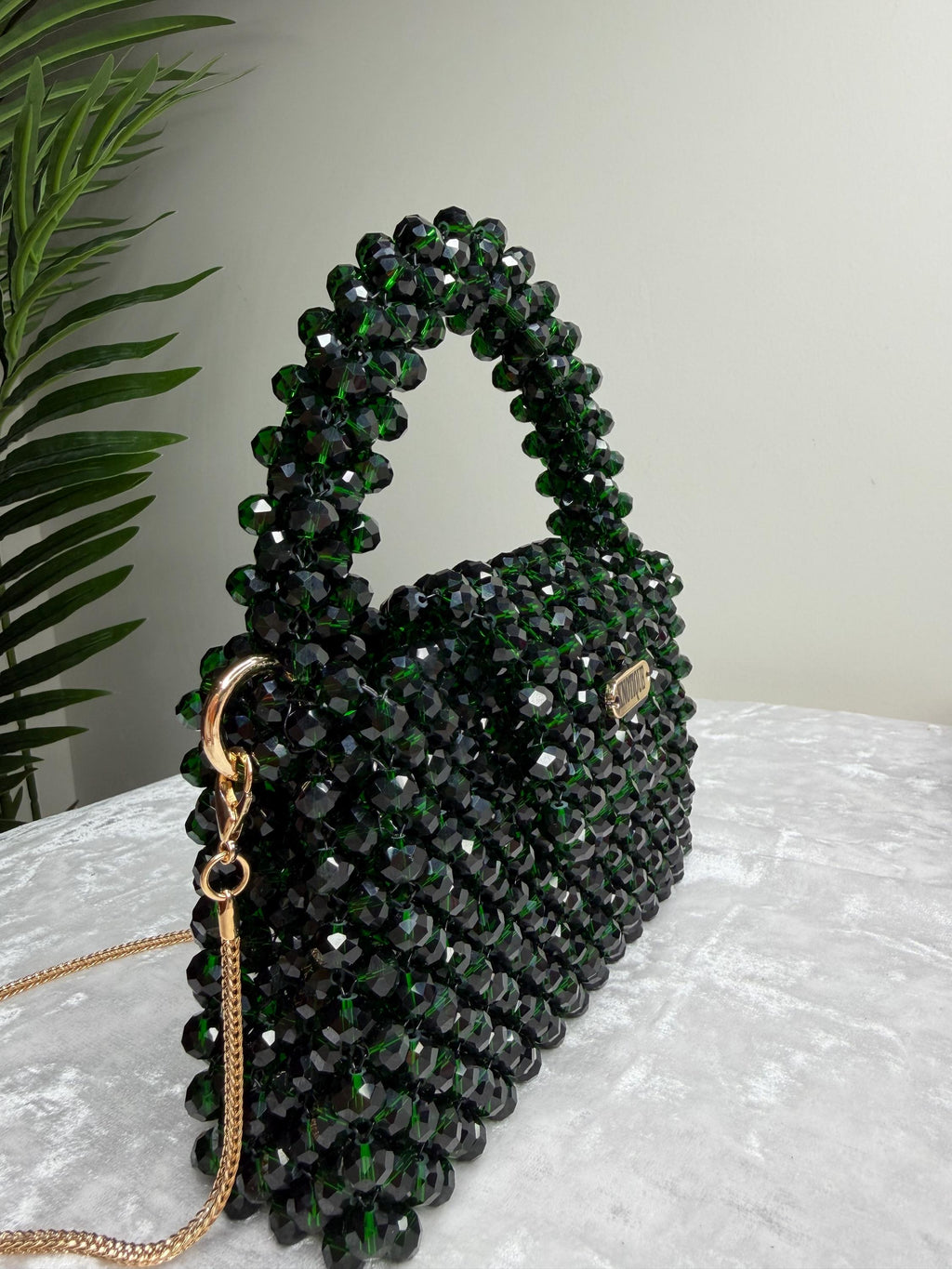 Emerald Green Beaded Bag, Handmade Crystal Purse, Luxury Mini Evening Bag, Sparkly Bridal Clutch, Elegant Shoulder Bag