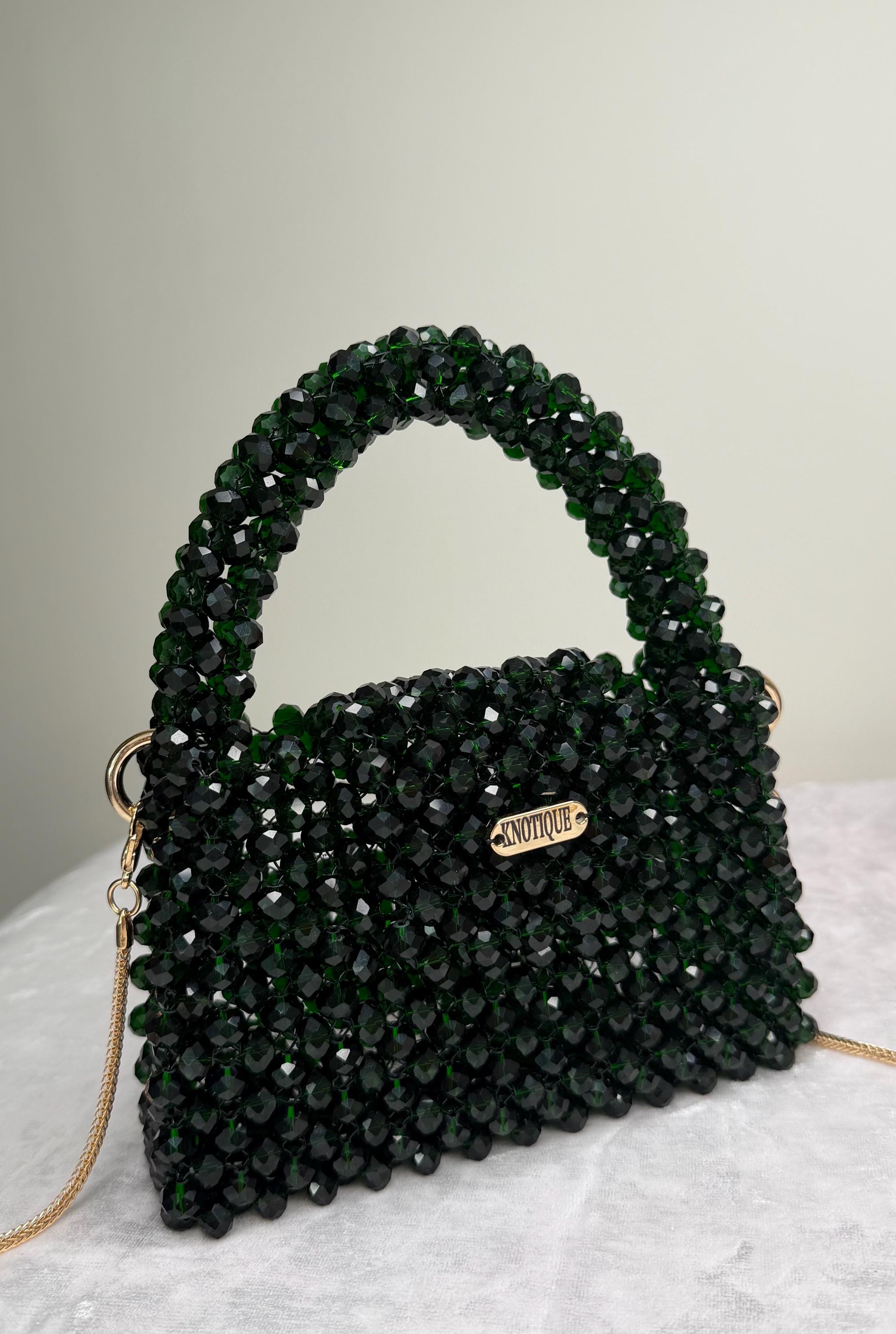 Emerald Green Beaded Bag, Handmade Crystal Purse, Luxury Mini Evening Bag, Sparkly Bridal Clutch, Elegant Shoulder Bag