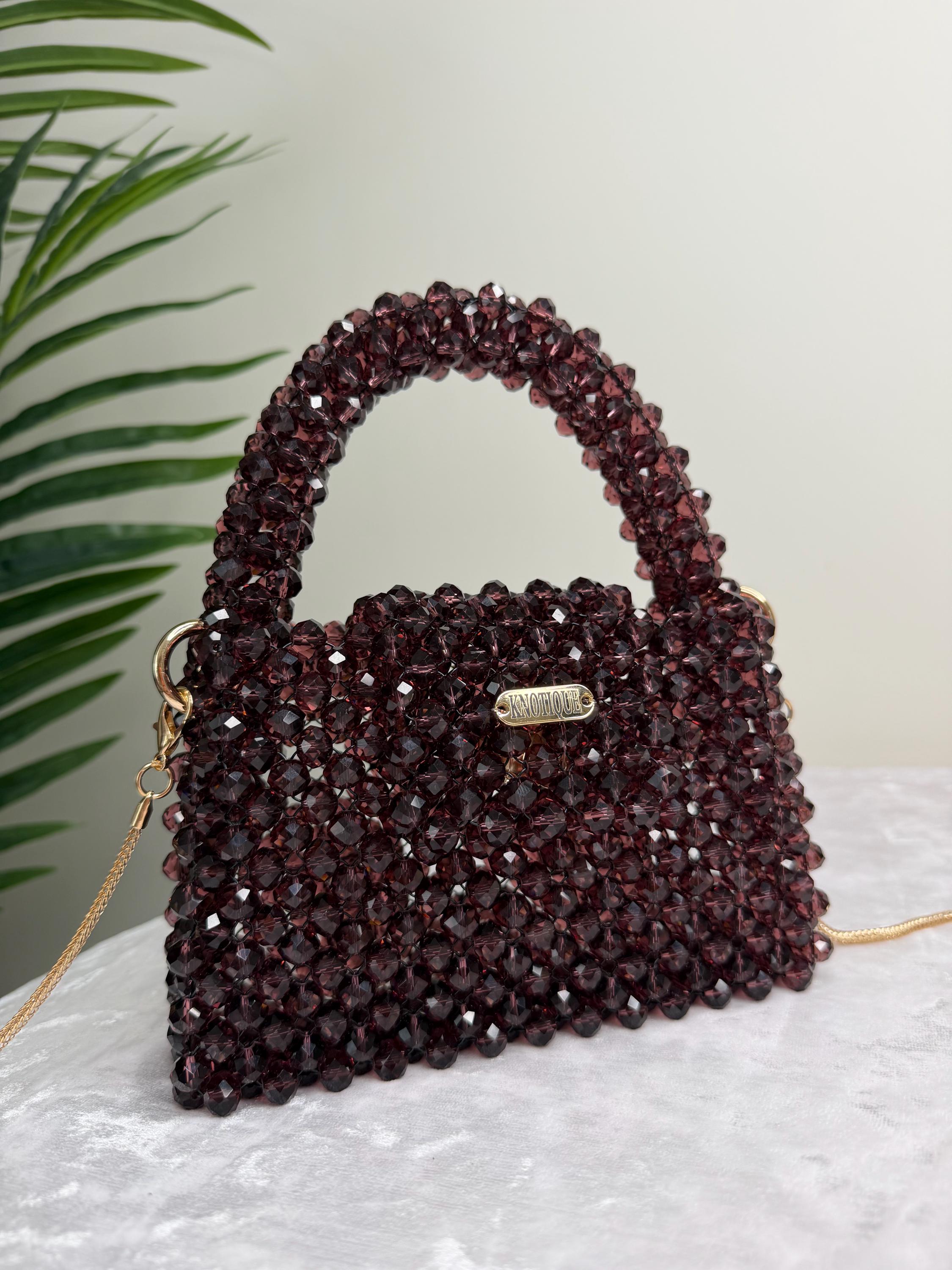 Deep Burgundy Beaded Mini Bag, Elegant Crystal Evening Crossbody Purse